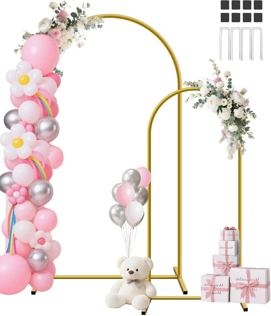HEMMOTOP Metal Arch Backdrop Stand Set of 2 (7.2ft + 6ft), Wedding Arch Frame, Stable Background Stand with Square Base Ground Nails, for Birthday Party Baby Shower Garland Decoration, Gold
