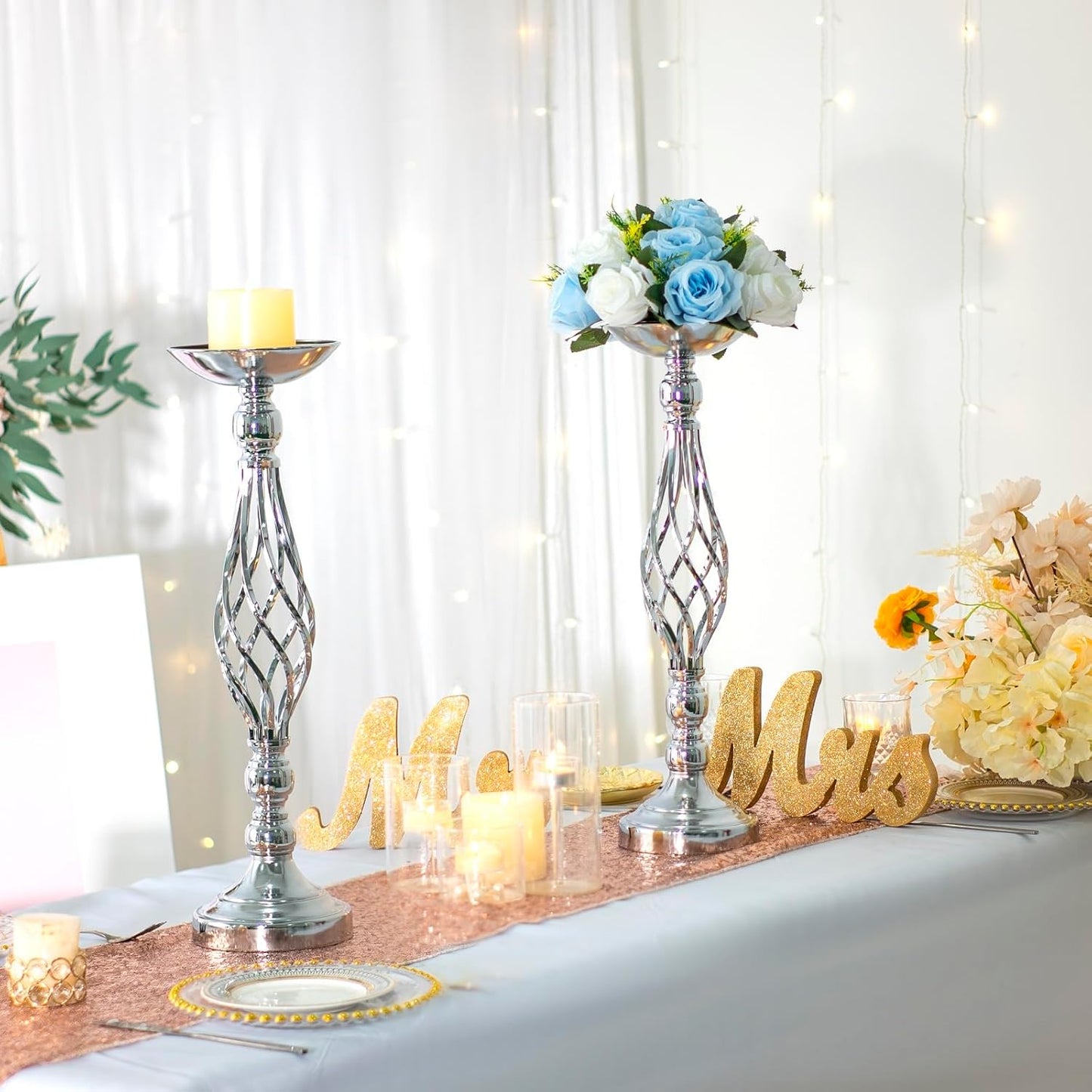 LANLONG 2pcs Metal Silver Candle Holders Road Lead Table Centerpiece Stand Pillar Candlestick for Wedding Candelabra Flowers Vases