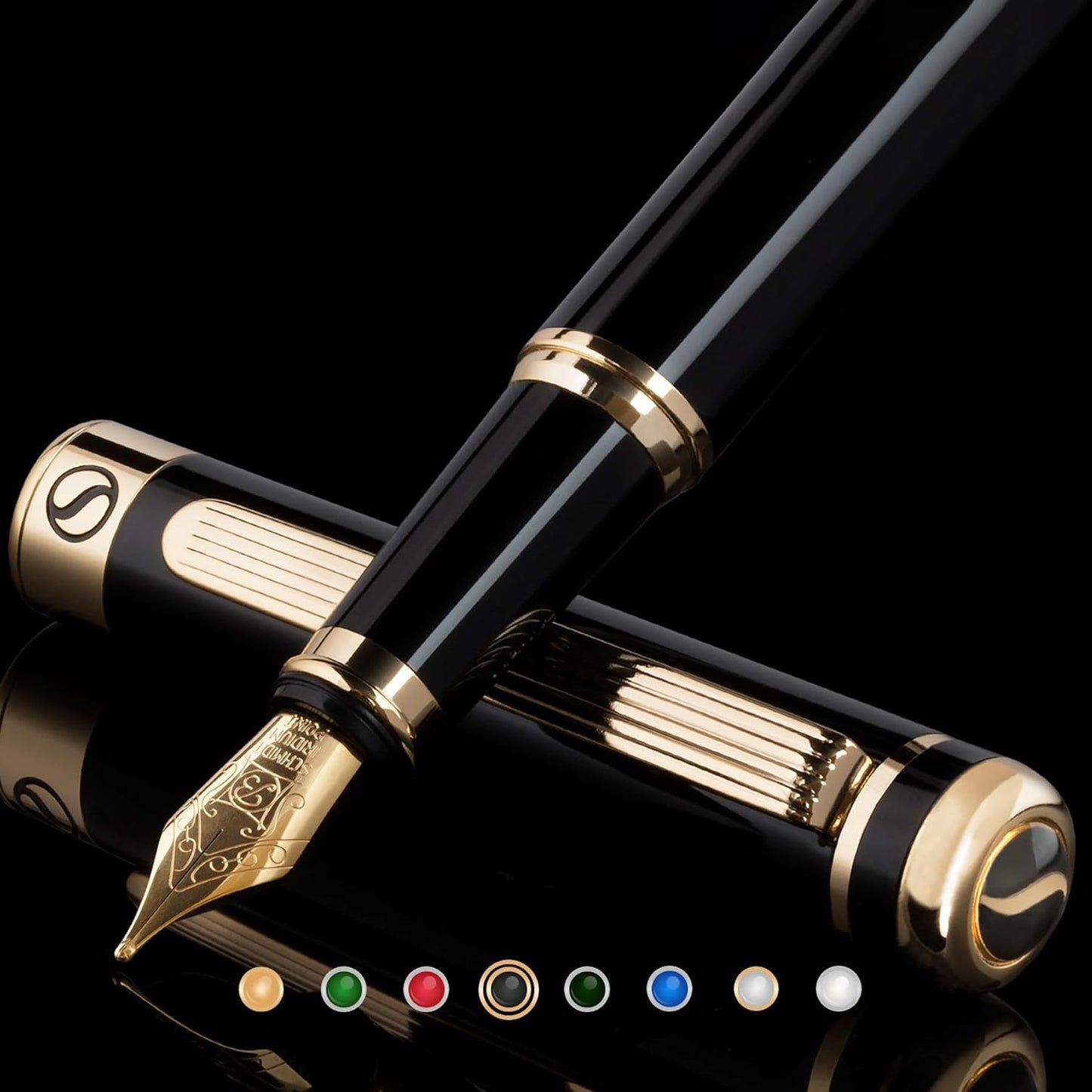 Scriveiner Black Lacquer Fountain Pen - Stunning Luxury Pen, Real Gold Finish, Schmidt Gilded Nib (Broad), Best Pen Gift Set for Men & Women, Professional, Executive, Office, Nice Pens