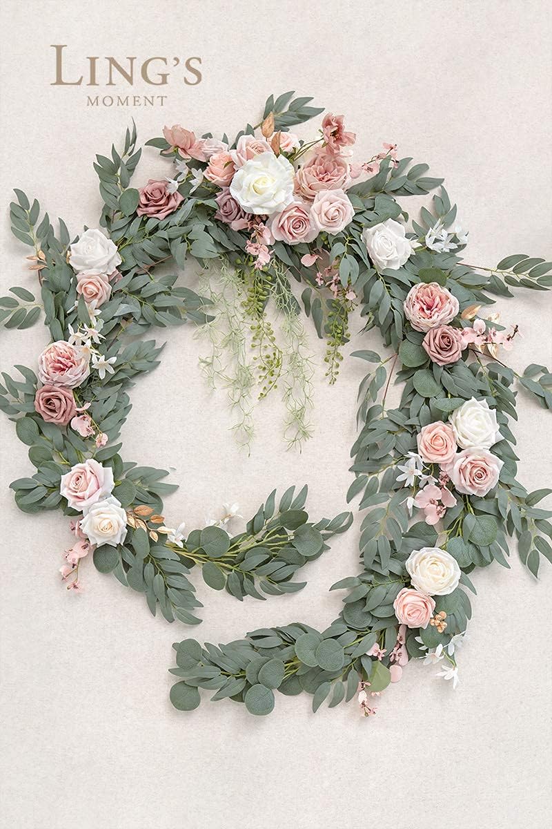 Ling's Moment 9FT Spring Flower Garland for Backdrop Decorations - Wedding Arch Flowers, Eucalyptus & Rose, Artificial Floral Garland for Mantle - Sweetheart Table Decor for Reception, Dusty Rose