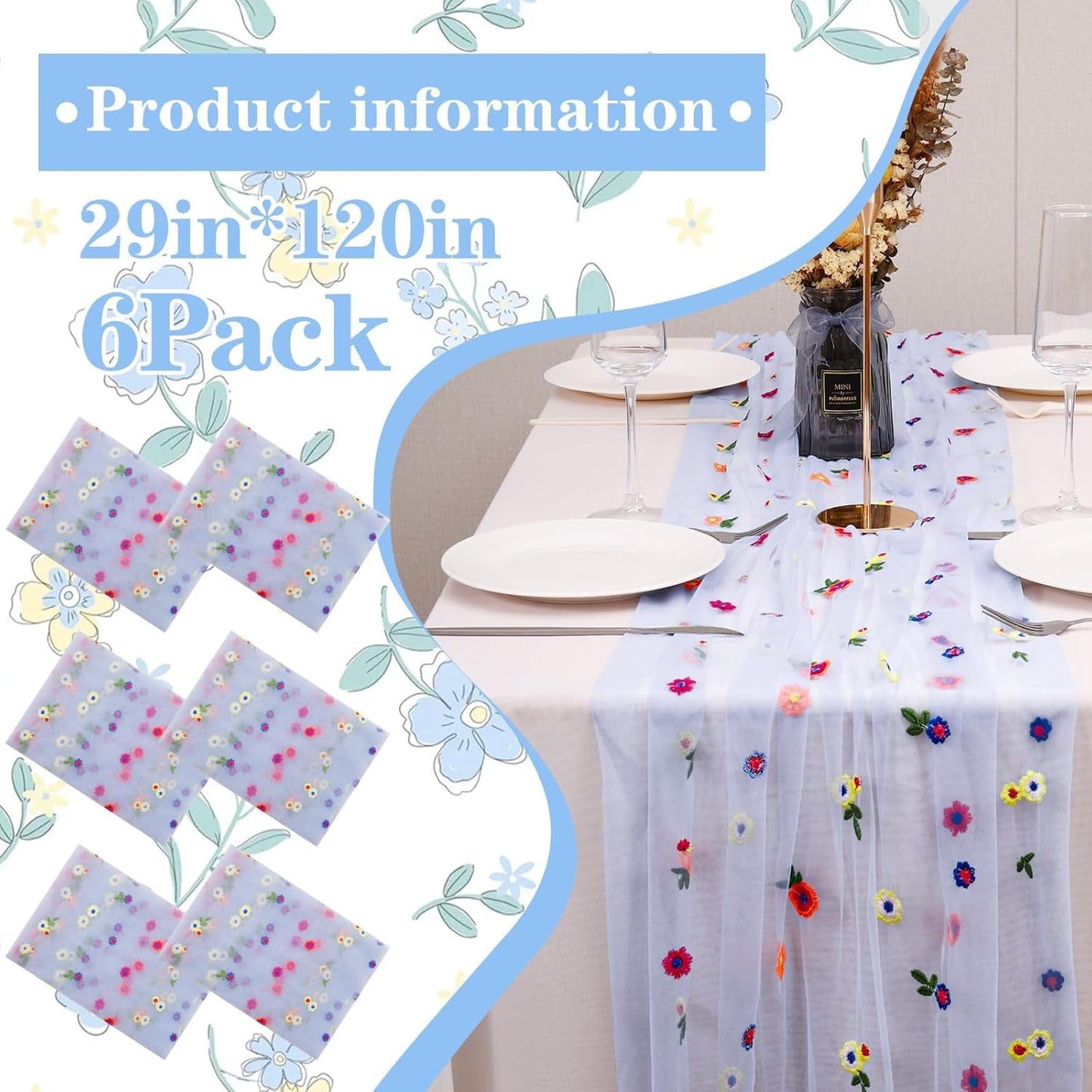 6PCS Blue Floral Table Runner 10 FT, Embroidery Daisy Table Runners Seasonal Sheer Tulle Table Runner for Thanksgiving Wedding Birthday Baby Shower Party ﻿