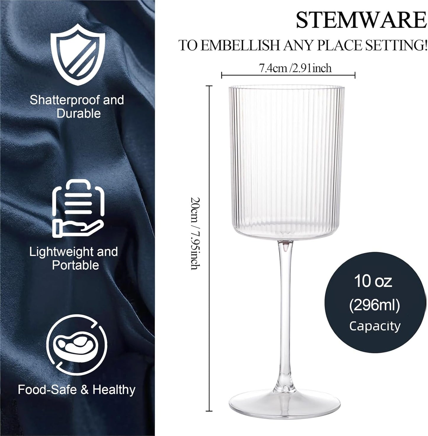 Ciaell 12 PCS Plastic Ribbed Wine Glasses - 10 OZ Plastic Square Wine Glasses with Stem - Disposable Champagne Cups for Parties & Weddings & Party