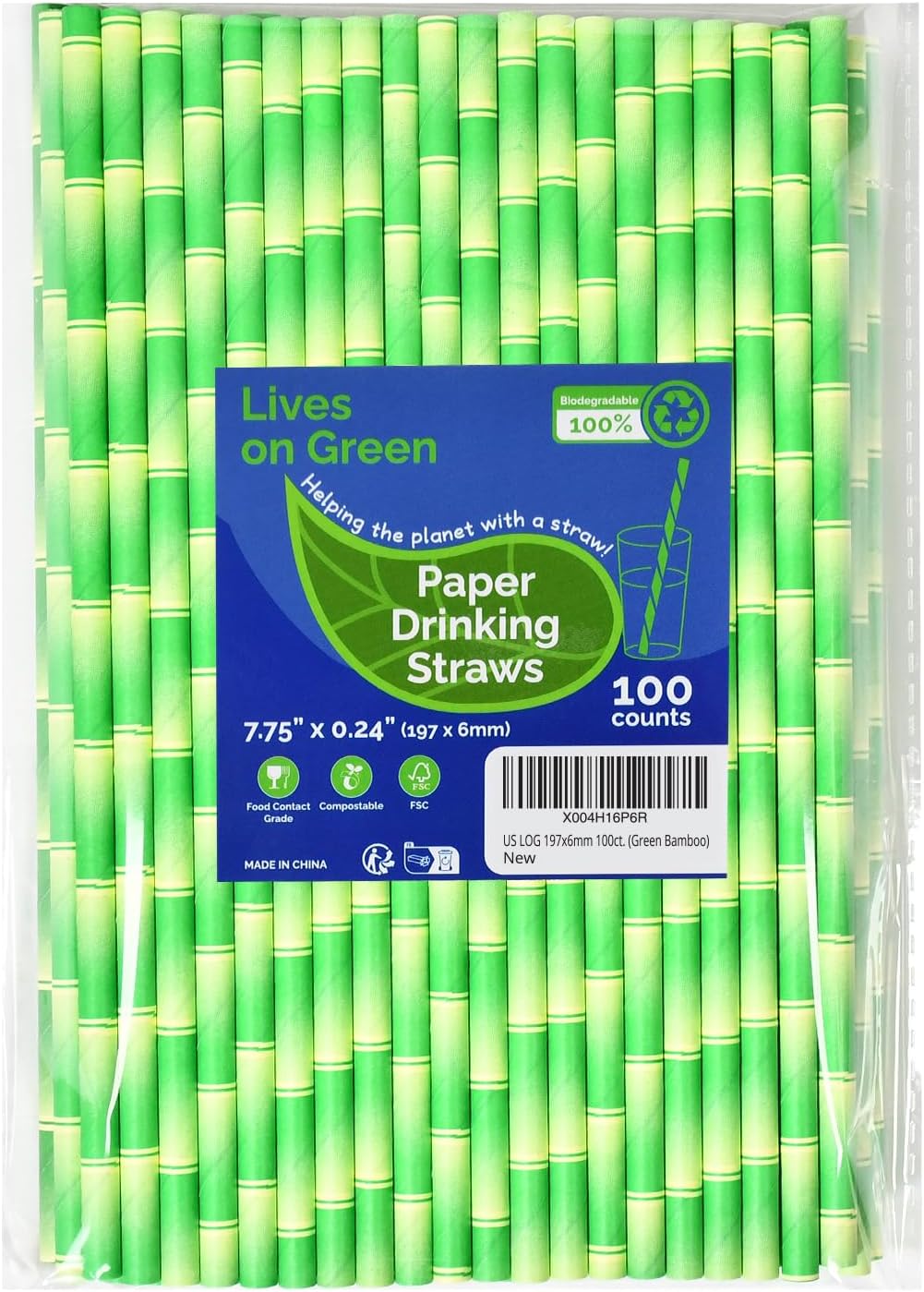 Paper Straws for Drinking Green Bamboo, 7.75" x 0.24" - for Cocktail, Juice, Iced Tea, 100% Biodegradable