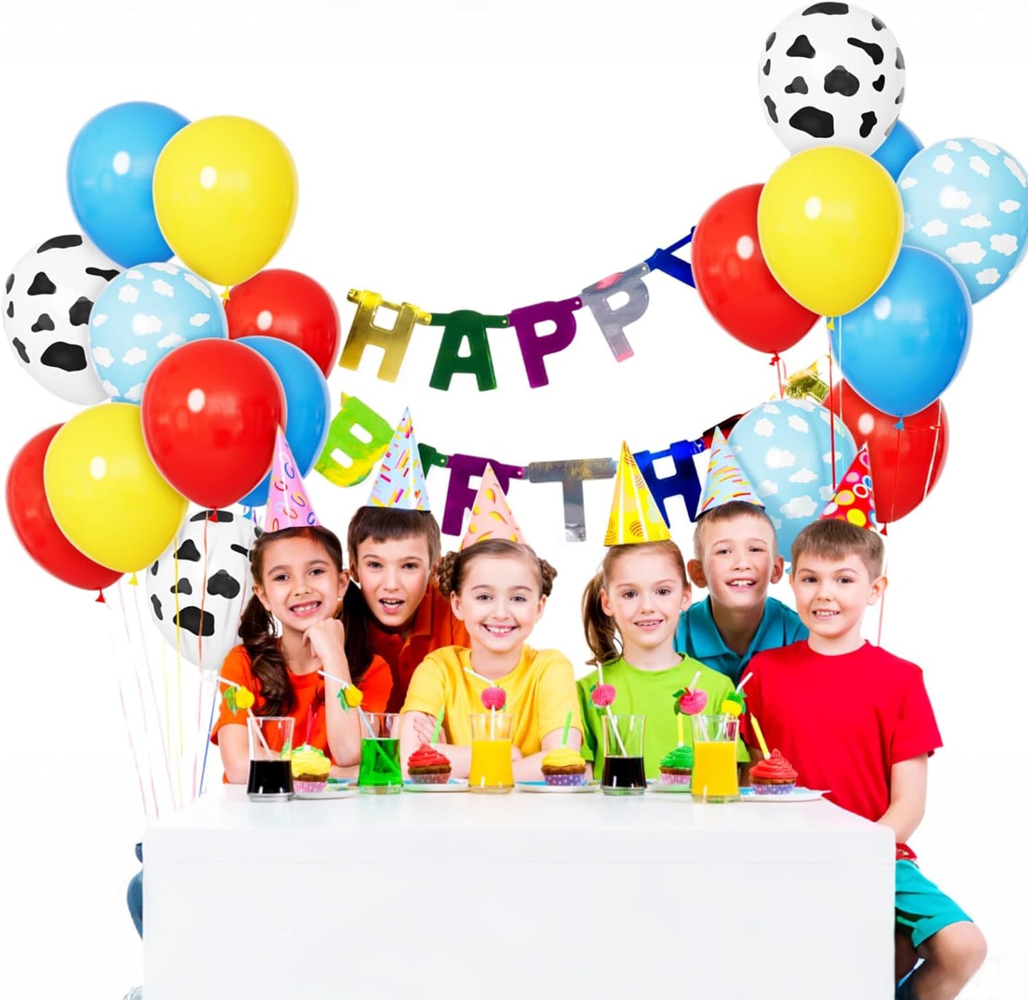 68Pcs Red Yellow Blue Toy Balloons 12 Inch Light Blue Cloud Cow Print Balloons for Baby's Birthday Story and Football Party Themed Decorations.