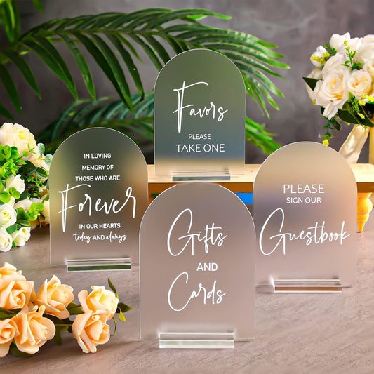 Chunful 4 Pcs Clear Acrylic Wedding Sign with Stand for Ceremony Reception 5 x 7 Guest Book Cards and Gifts In Loving Memory Favors Please Take One Table Sign for Wedding(Elegant White,Fresh Style)