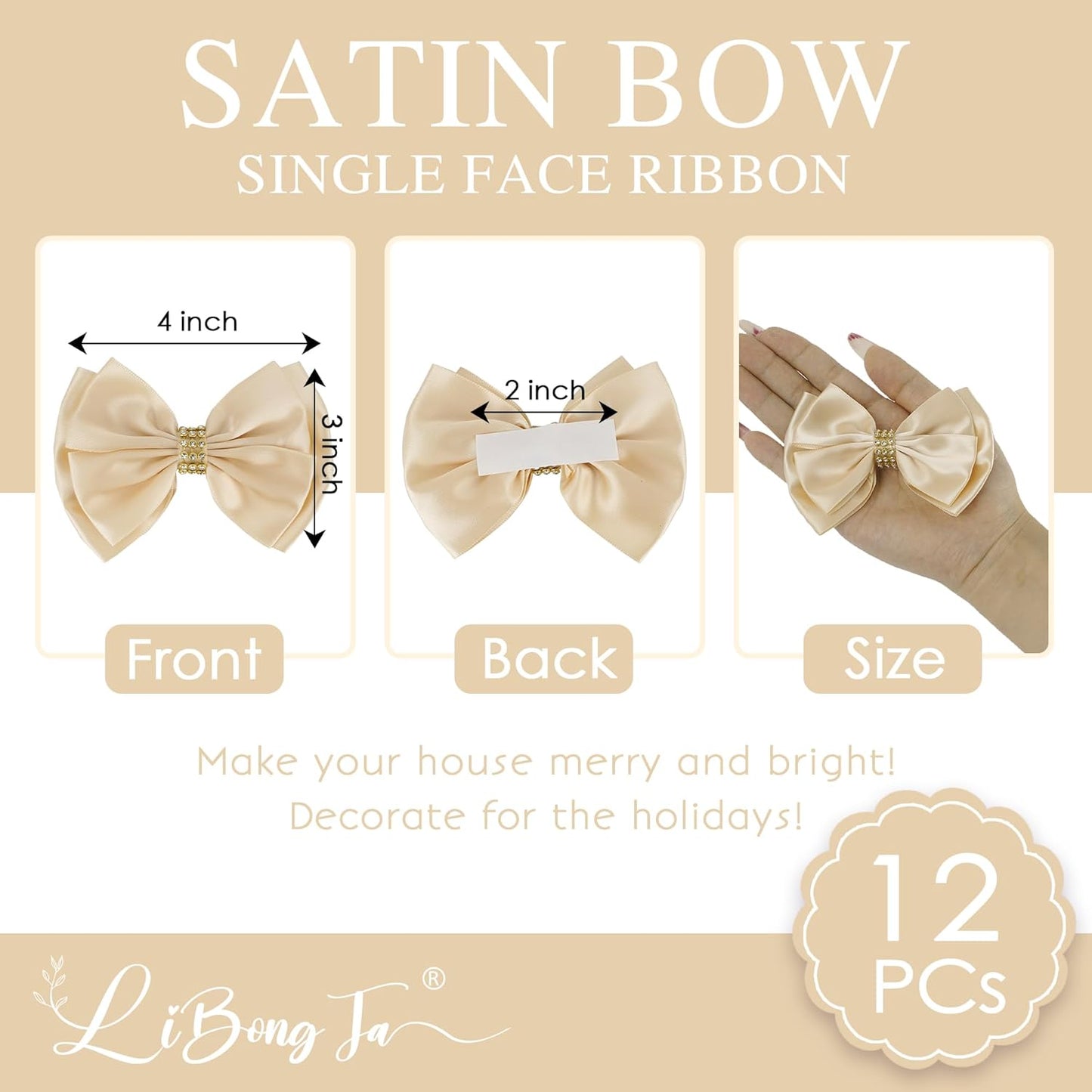 Champagne Gold Ribbon Bow 4'' Premade Satin Bows, Gift Bows with Rhinestone, Wrapping Bow for Presents, Greeting Cards, Treat Bags, Wine Bottle, Valentines Bows for Gift Wrapping-12 Counts