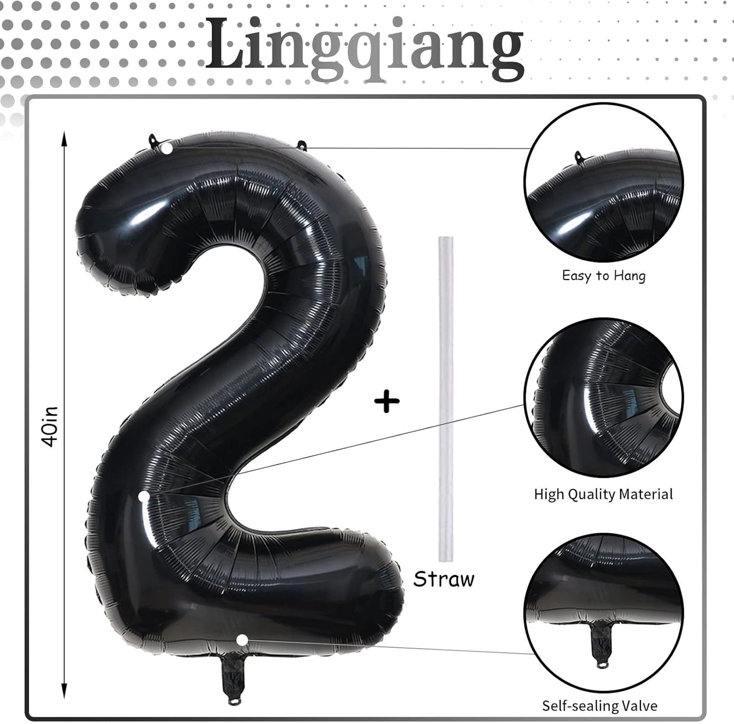 Black Foil Balloon Number 2, 40'' Giant Self Inflating Number Balloons Set 0-9, Large Number 2 Helium Balloon for Girls Boys 2nd Birthday Graduation Anniversary Halloween Party Decorations Supplies
