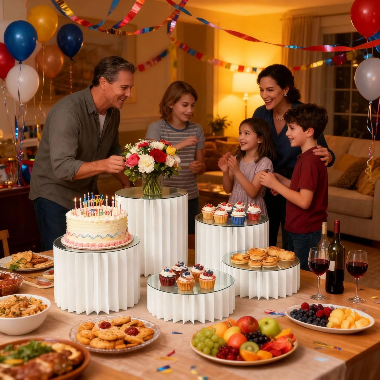 5 Pcs Buffet Risers Food Display Risers for Party Buffet Table, Dessert Table Display Set Cake and Cupcake Stand Combo, Riser Display Stand for Dessert Food Jewelry, White, 4"/8"/12" H