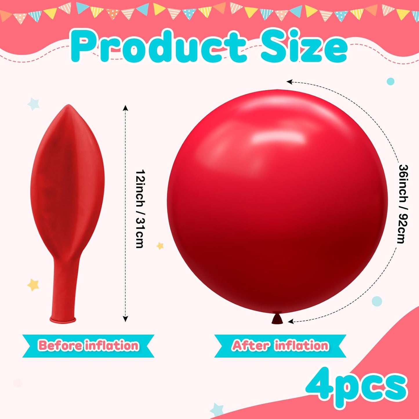 Giant 36 inch Jumbo Red Balloons - 4pcs Latex Balloons for Birthday, Wedding, Photo Shoot, Christmas Decoration