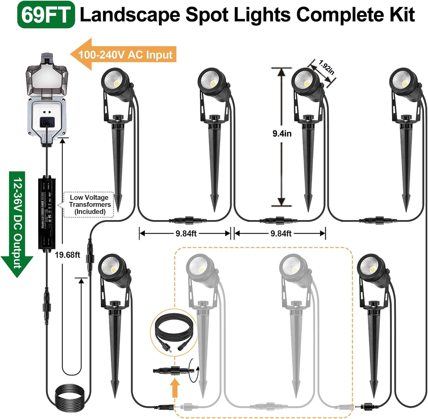 Low Voltage Landscape Lighting, 6 Pack Outdoor Spot Lights with Transformers, 12V Warm White Landscape Spotlights IP65 Waterproof Plug in Outdoor Uplights for Yard House Pathway Tree Pools