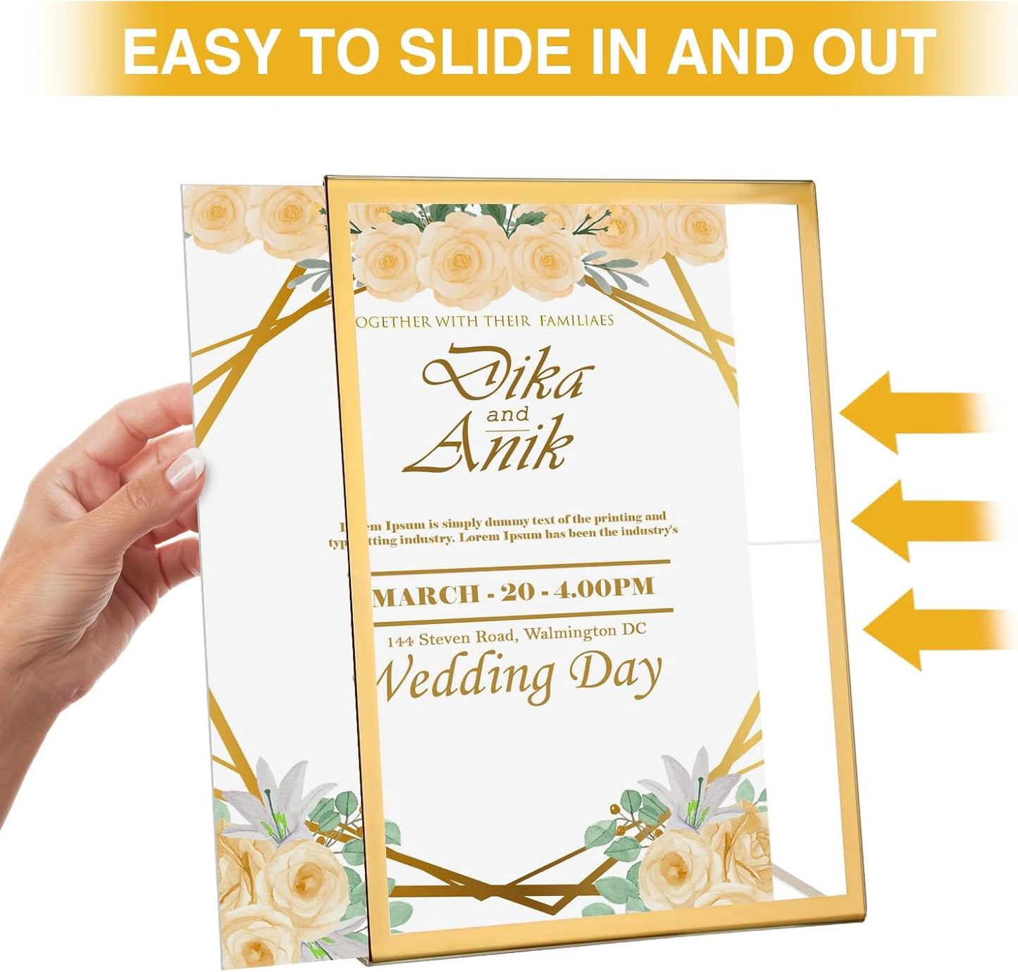 EHWINE 12 Pack 5 x 7 Acrylic Sign Holder, Clear Plastic Signs Display Stand, Gold Slanted Back Paper Holder Stand up Table Top Sign Holders Flyer Stand Frames Suitable for Office Business Store