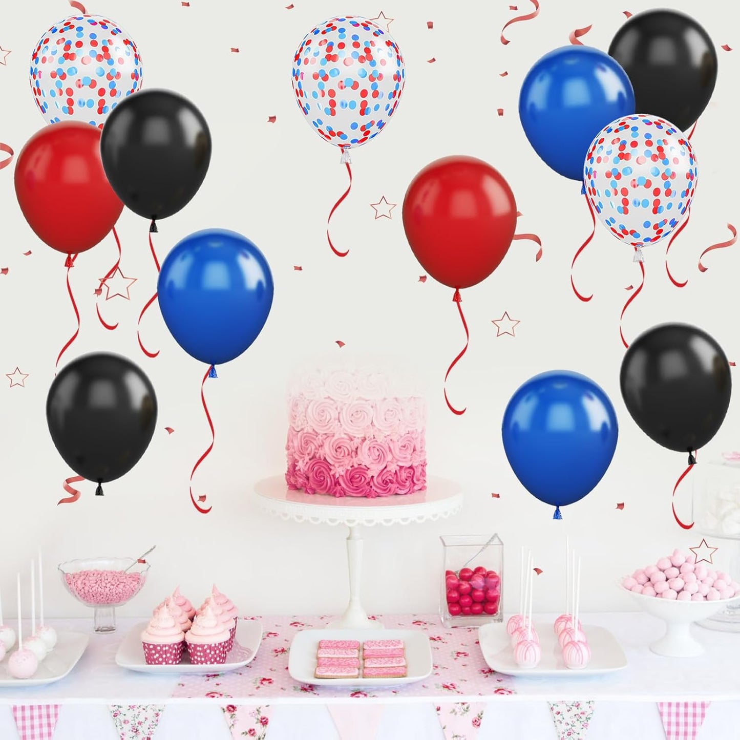 Red Blue Black Balloon Set, 12 Inch Matte Red Black and Royal Blue Latex Balloon with Red Blue Confetti Balloons for Party Boys Birthday Shower Graduation Party Decorations