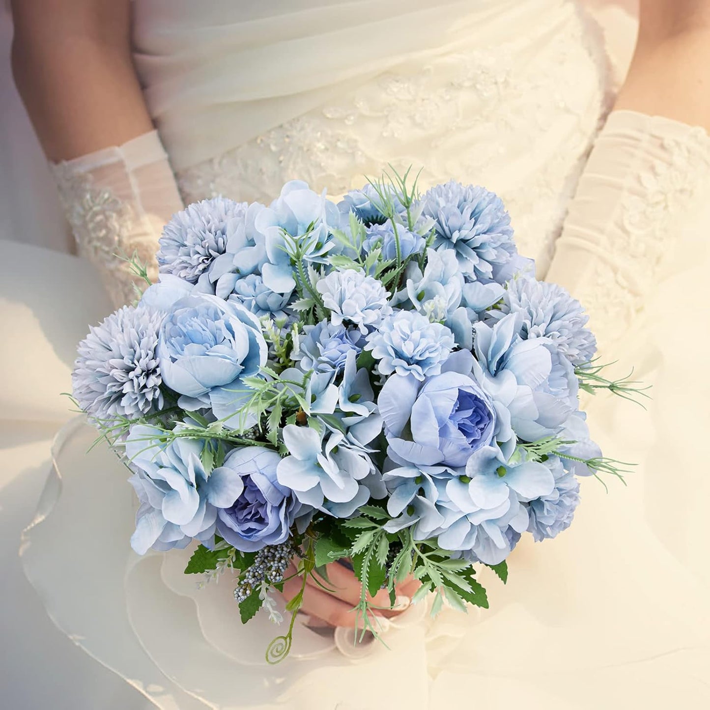 Artificial Flowers, 4 Packs Blue Fake Peony Silk Hydrangea Bouquet Decor Plastic Carnations Daisy Realistic Flower Home Office Party Decor Arrangements Wedding Decoration Table Centerpieces