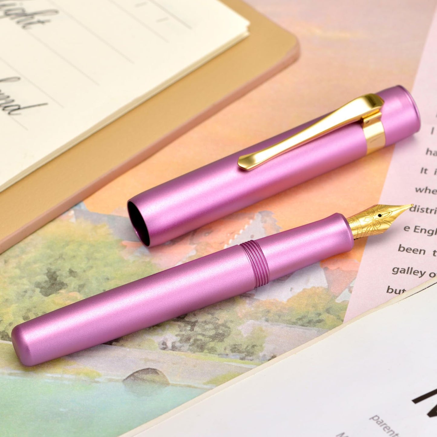 Hongdian M2 Black Forest Mini Fountain Pen, Fine Soft Golden Nib & Sleek Shape Aluminium Short Pocket Travel Pen (Lilac Purple)