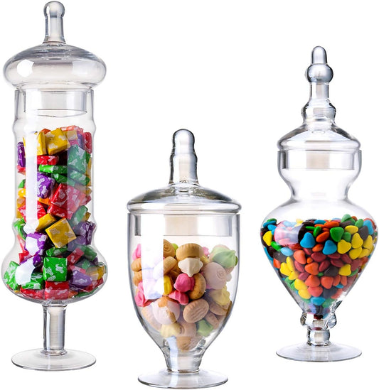 Set of 3 Apothecary Jar with lids, Glass Candy Container Set, Decorative Jars for Weddings & Party, Elegant Storage Candy Canister, Iridescent (H: 9", 12.5", 14"; 20 FL.OZ, 23 FL.OZ and 28 FL.OZ)