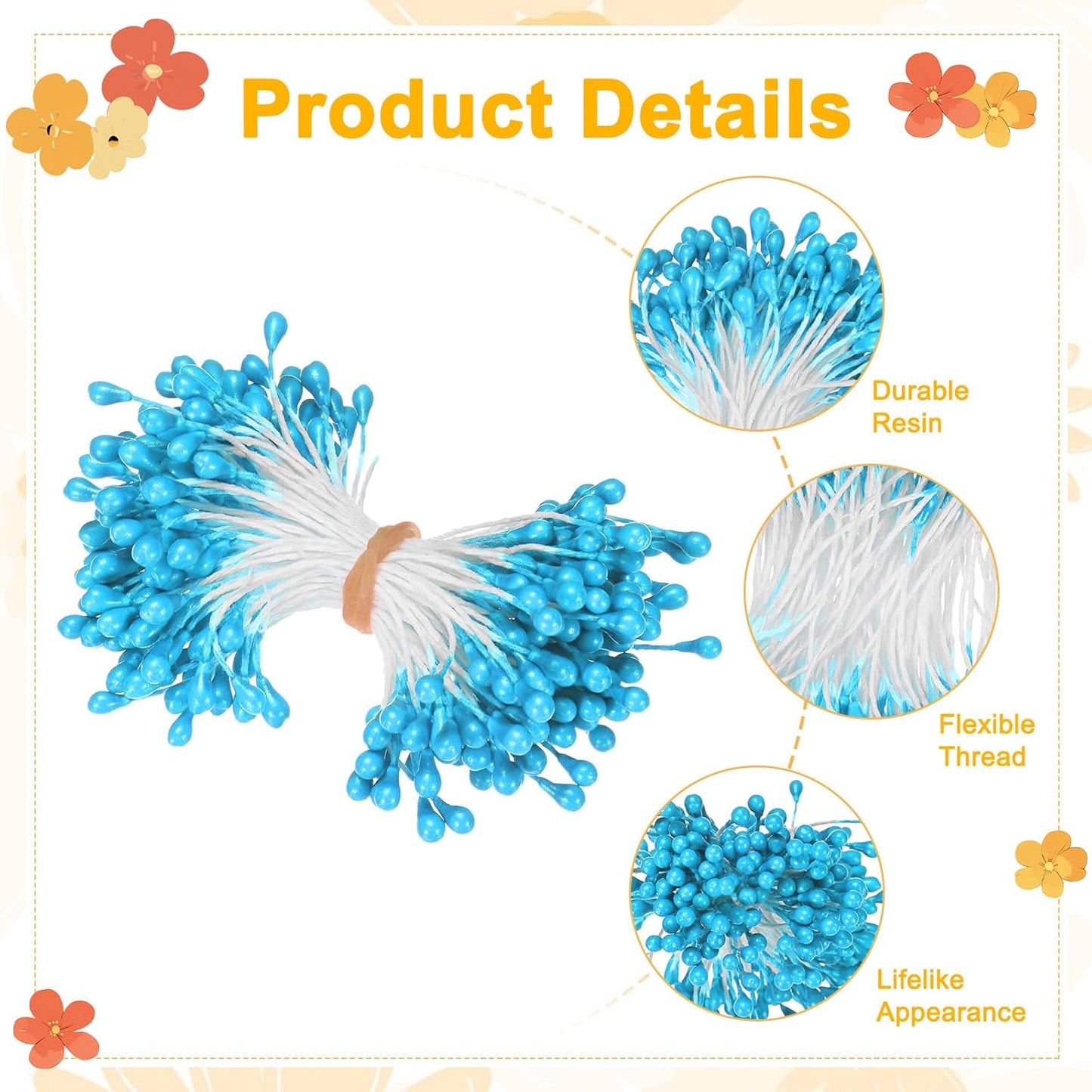 150-Pack Flower Stamens for Crafts, 5mm Double Heads Artificial Pearl Floral Pistil Mini Flower Pollens Stamens for DIY Making/Wedding/Scrapbook Decoration [Peacock Blue]