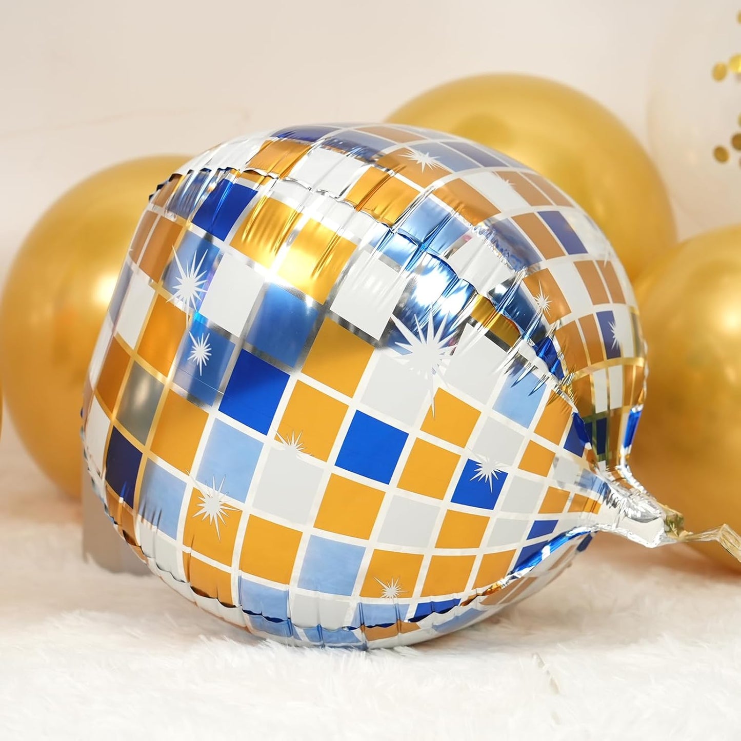 Disco Ball Balloons Blue Gold 4PC,Foil Disco Balloons 22 Inch 4D Round Blue Yellow Balloon for 70s 80s Birthday Bachelorette Graduation Decorations