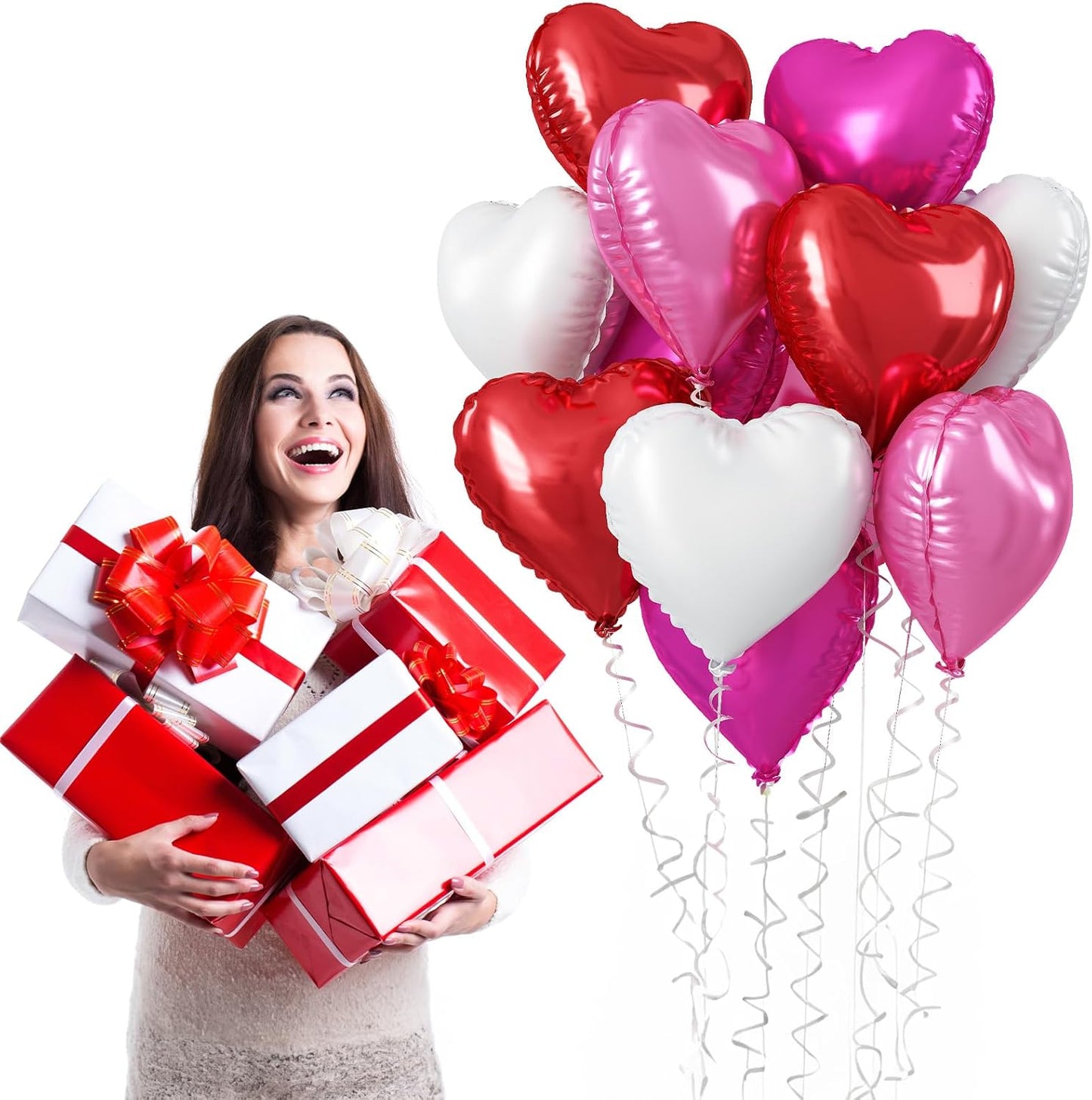 TAOYE Red Pink Heart Balloons, 18 Inch 12 Pcs Red Hot Pink Mylar Heart Shape Balloons Red White Foil Heart Balloons Red Pink and White Party Balloons for Birthday Wedding Bridal Valentine Anniversary