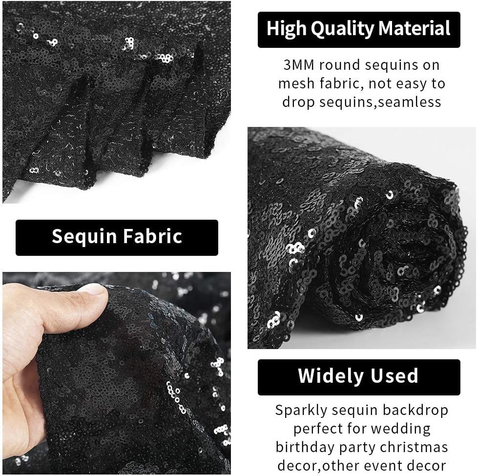 Hahuho Black Sequin Backdrop Curtain, 4PCS 2FTx8FT Glitter Backdrop Curtain for Parties, Christmas, Wedding, Party Decoration（4 Panels, 2FT x 8FT, Black