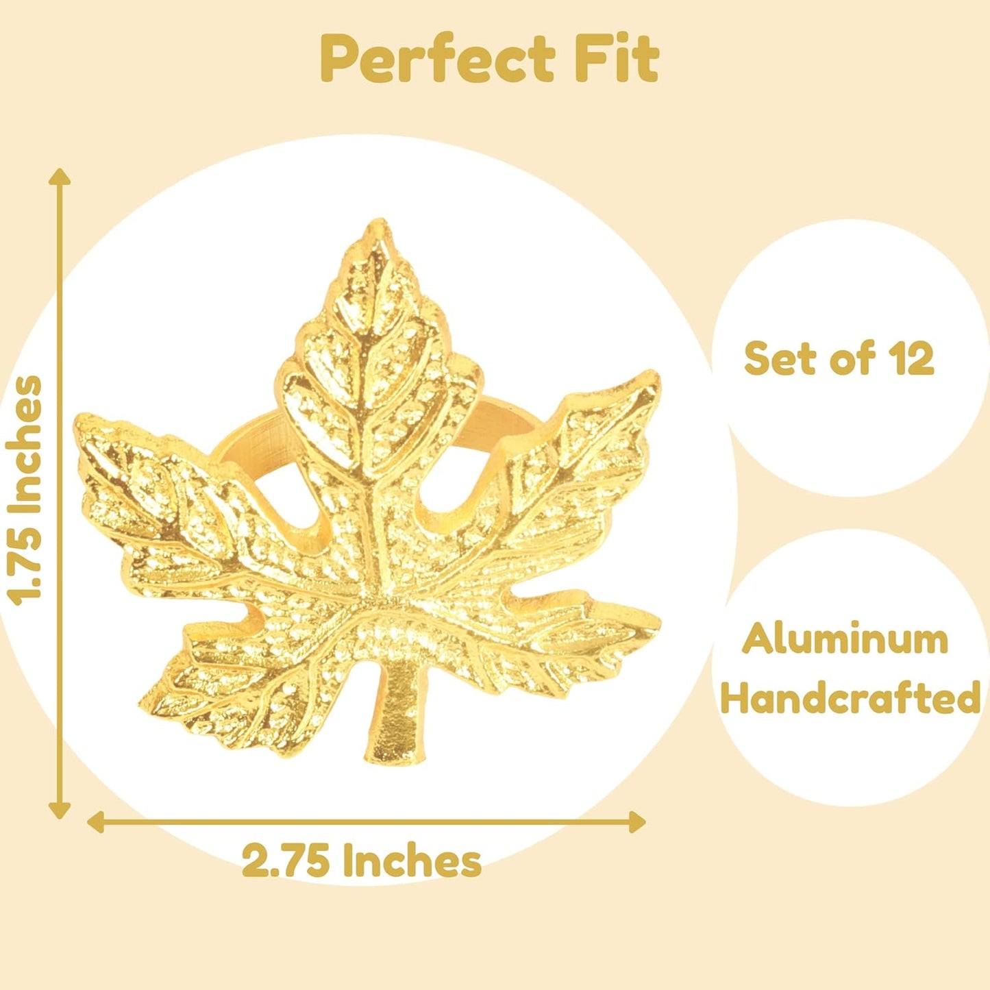 Elegant Handcrafted Leaf Napkin Rings - Set of 12 Premium Aluminum Holders for Dinner Parties, Weddings, Special Occasions & Everyday Dining (Gold) - CLEENTABLE
