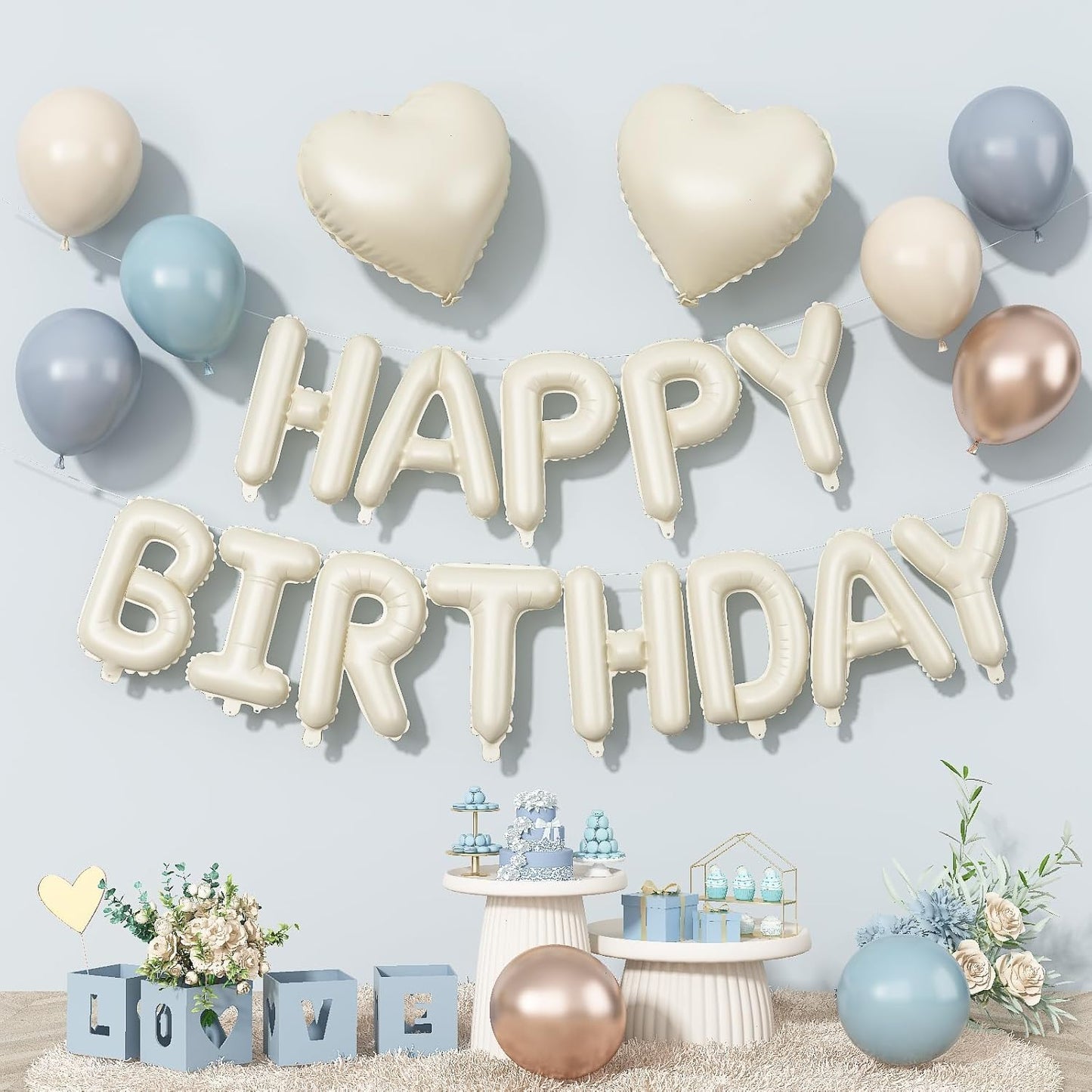 Happy Birthday Balloon Banner Cream Blue, 16 Inch Beige Mylar Letters Heart Foil Dusty Slate Blue White Sand Metallic Champagne Gold Balloons Boho Neutral Birthday Decorations for Girls Women Boy Men