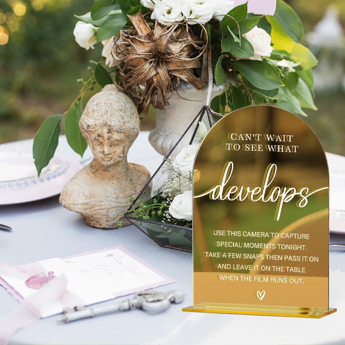 Acrylic Wedding Sign, Bridal Shower Decorations, Can't Wait to See What Develops Sign for Ceremony, Modern Font Table Signs, Gold Mirror Arched Acrylic Tabletop Signs for Wedding Reception