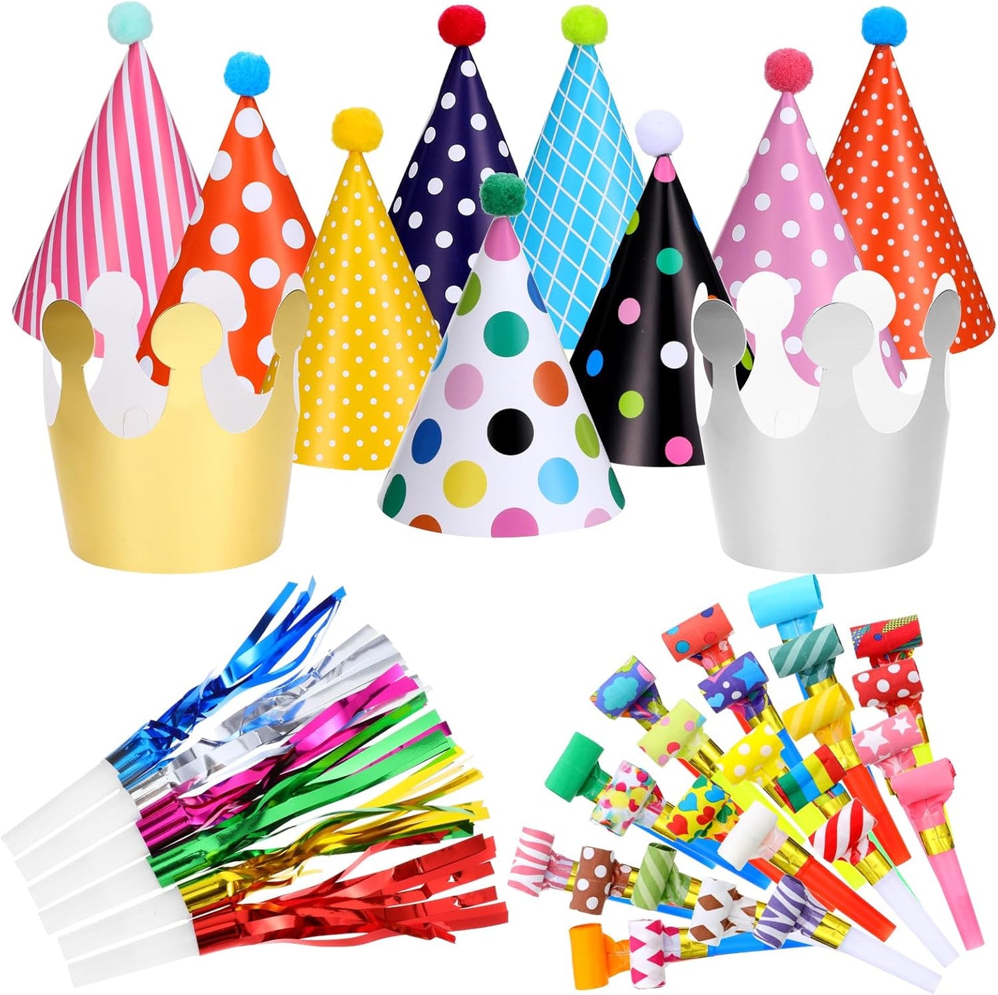 117 Pcs Birthday Party Cone Hats Muti-Color Birthday Cone Headwear Kids Cute Party Hat with Dragon Tassel Noise Makers Whistles Pom Poms Elastic Cord for Kids Baby Shower Costumes Supplies