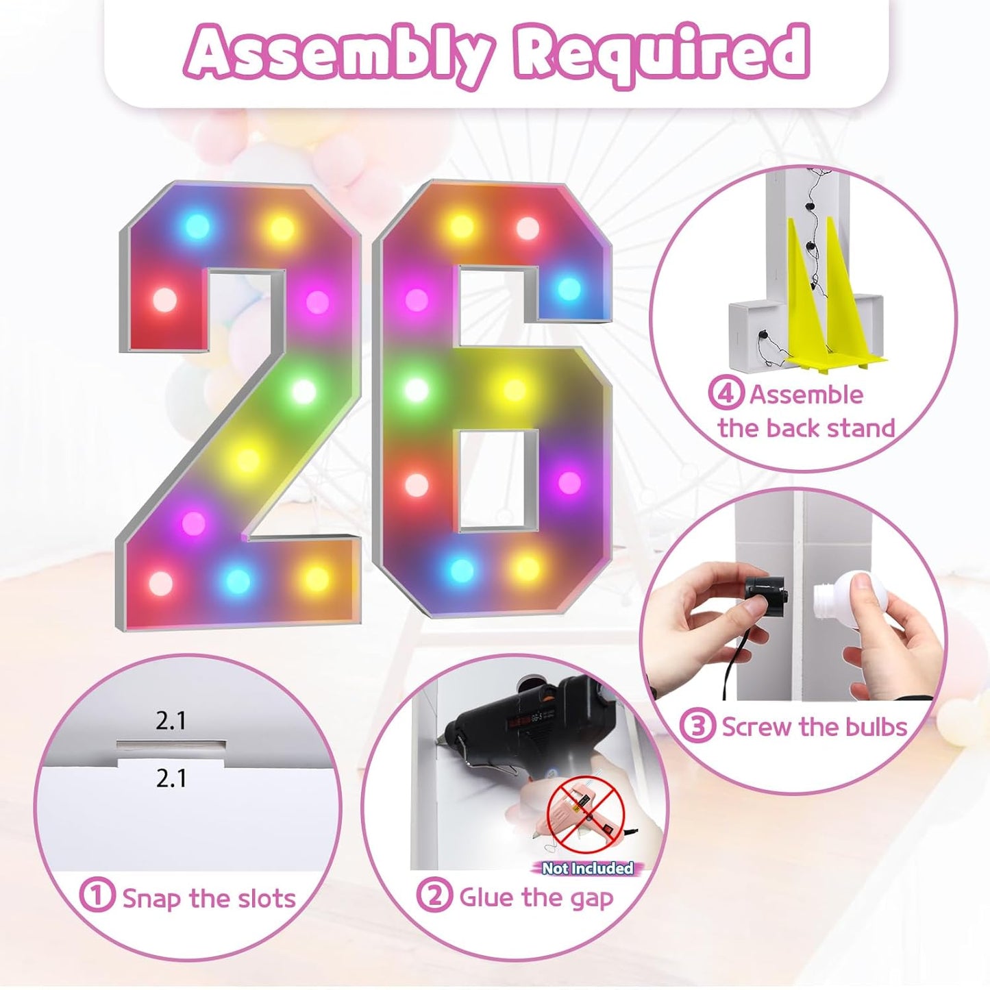 Marquee Numbers 26th-Birthday Decoration: Colorful 4FT Large Light Up 26 Year Old Birthday Decorations Anniversary Backdrop for Boys Girls Cardboard Sign 18 Colors Number 26 Mosaic Balloon Frame