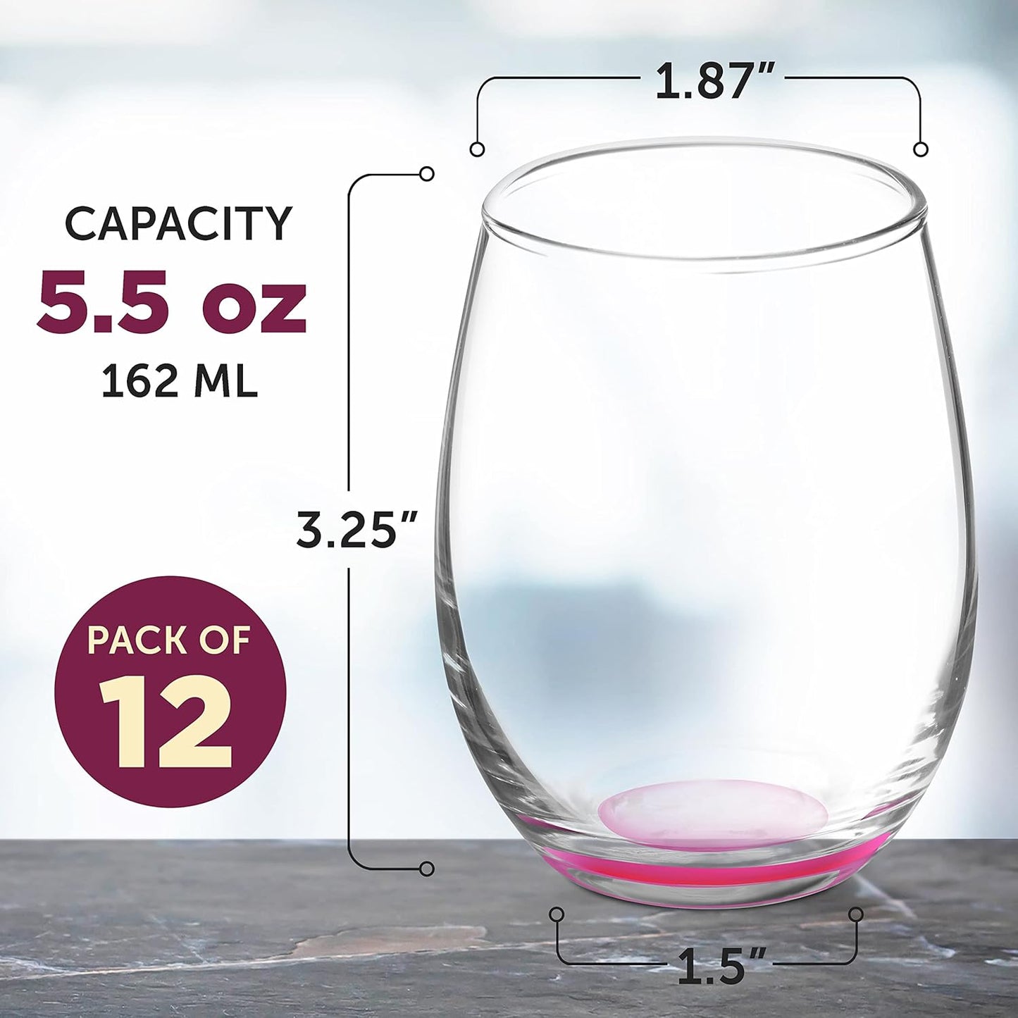 DISCOUNT PROMOS Stemless Wine Glasses by ARC 5.5 oz. Set of 12, Bulk Pack - Perfect for Hotel, Bar, Restaurant or Lounge - Pink