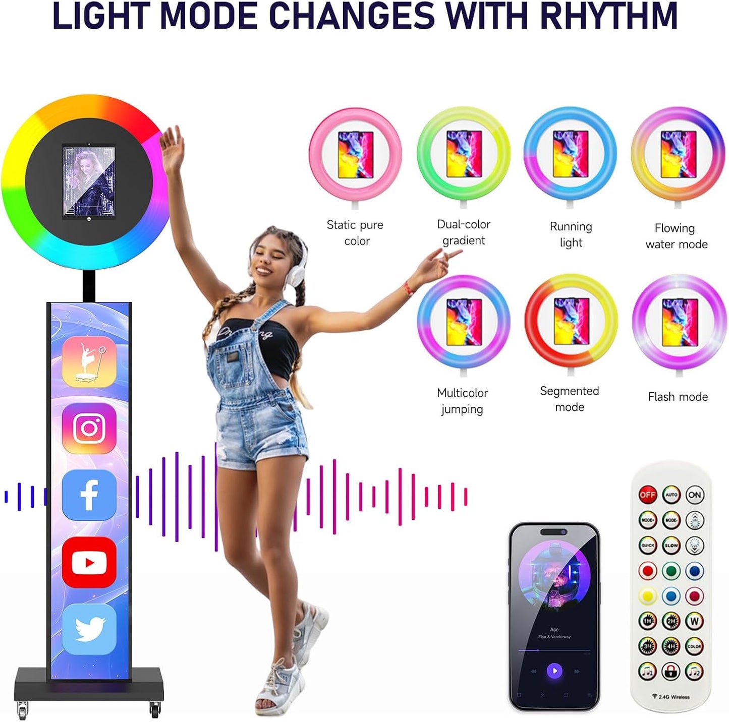 MWE Portable Photo Booth Machine Stand Compatible with Any Ipad with Software APP and Remote Control, RGB Ring Lights Music Sync, Free Custom Logo,Flight Case with Wheels (Black, Light Box)