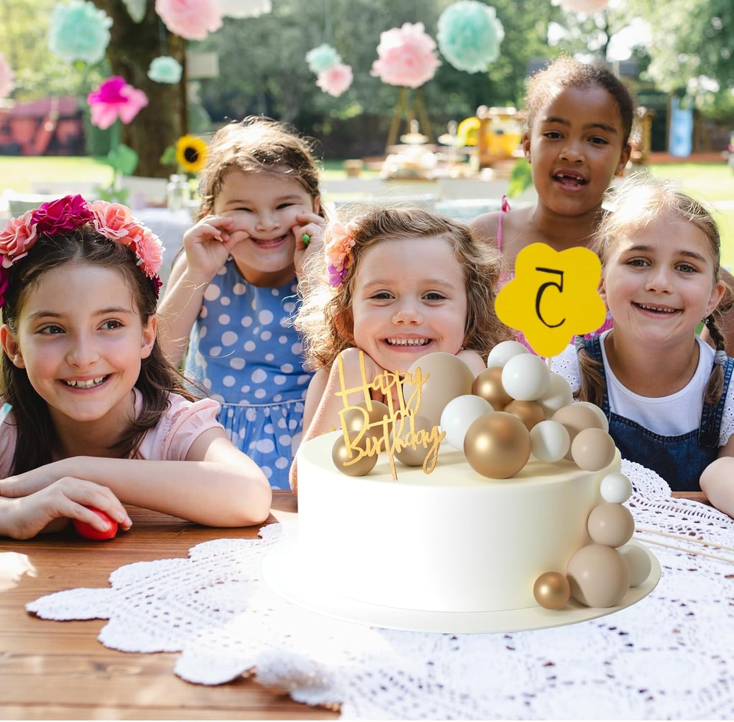 MIAHART Ball Cake Toppers Boho Grass Cake Topper Ball Cake Insert Decoration for Birthday Wedding Baby Shower Party Decorations Boho Themed Party Supplies (khaki，gold，white)