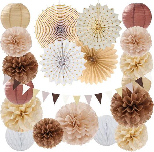 Boho Baby-Shower White-Brown Champagne Party-Decorations - 20pcs Neutral Rustic Paper Lanterns Fans,Tissue Pom Poms,Honeycomb Balls,Bunting,Birthday Wedding Bridal Christmas Fall Autumn Decor Burgleda