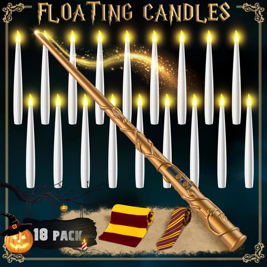 Halloween Floating Candles 18 Pcs - Magical Flameless Candles with Wand Flickering Warm Lights Ideal for Indoor Window Bedroom Halloween Cosplay Birthday Theme Party Decor