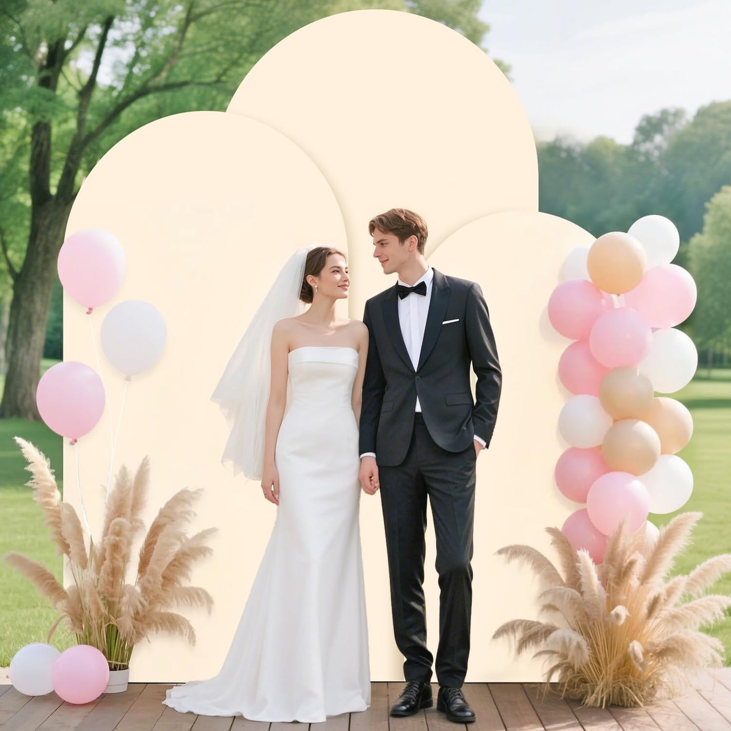 Party Arch Backdrop Stand and Cover Set of 3 (6FT, 5FT, 4FT) Metal Arch Frame Balloon Party Backdrop Arches Stand with Beige Arched Covers Stretchy Backdrops for Baby Shower Birthday Ceremony Decor