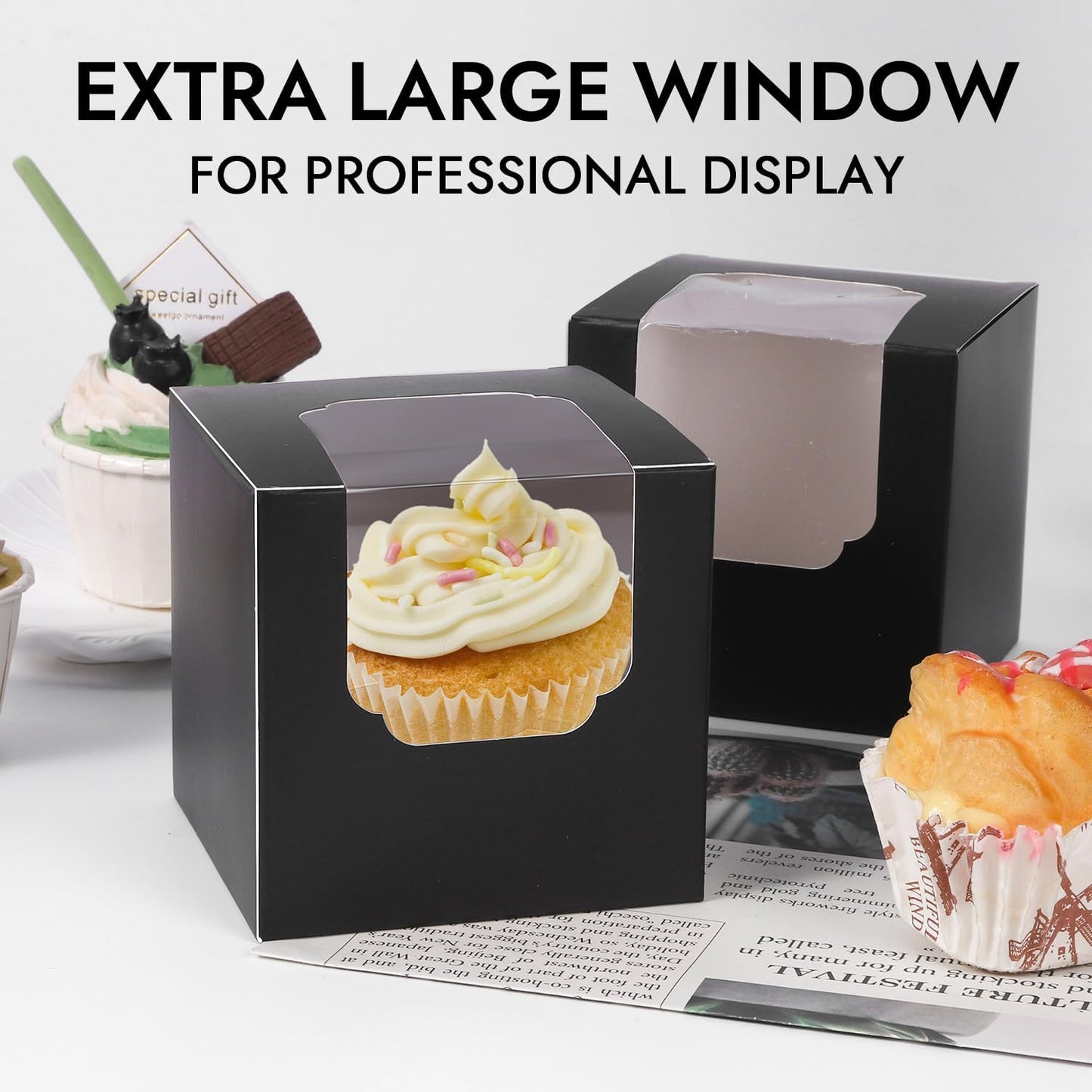 JCD 70 packs Black Cupcake Boxes Individual Cupcake Container 3.5" x 3.5" x 3.5" Auto-Pop up Single cake Box (70 Boxes+70 Inserts) (Black/70Pcs)