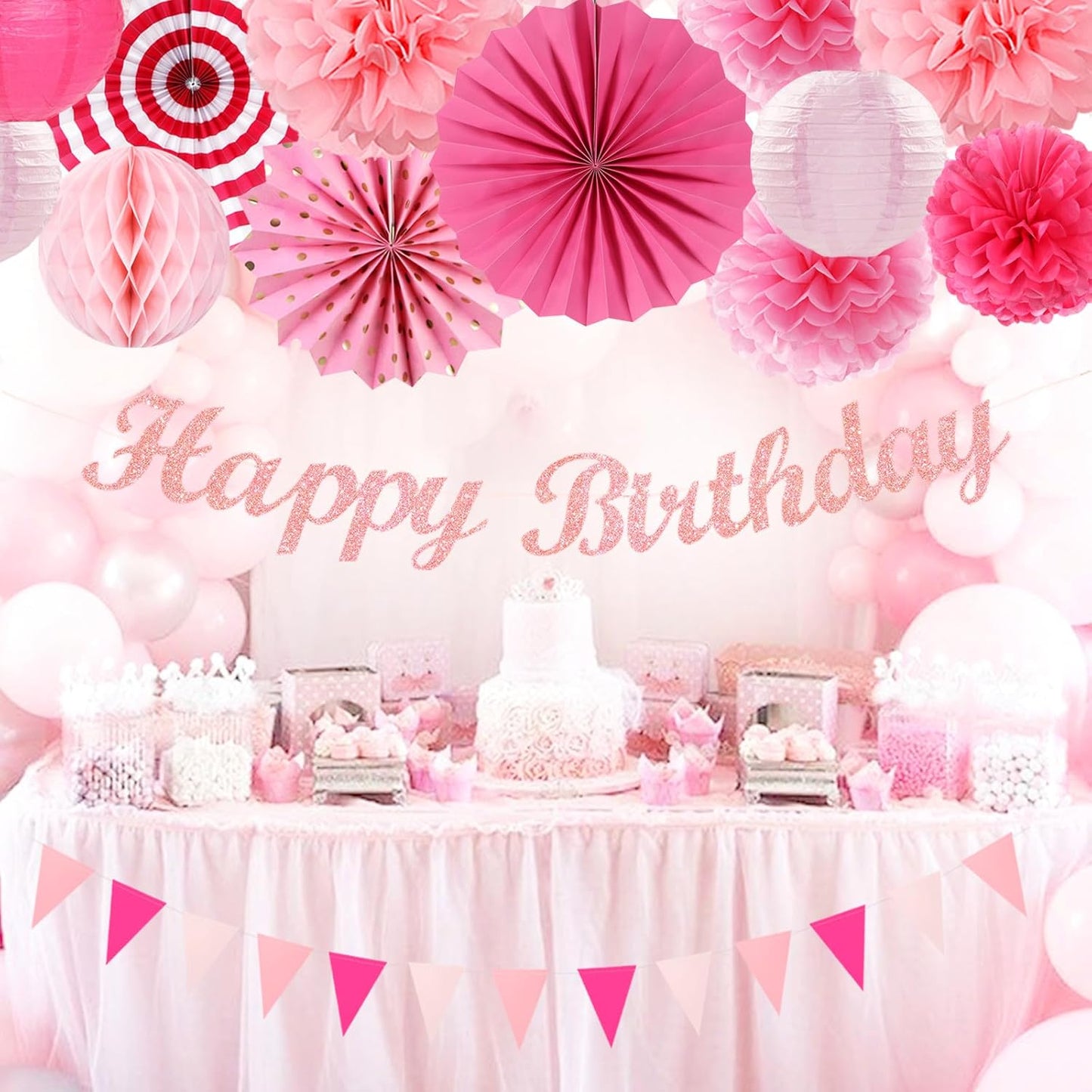 Rose Hot-Pink Party Decorations - 20pcs Paper Lanterns Fans,Tissue Pom Poms,Honeycomb Balls,Bunting,Birthday Wedding Bachelorette Baby Shower Bridal Graduation Engagement Decor Burgleda