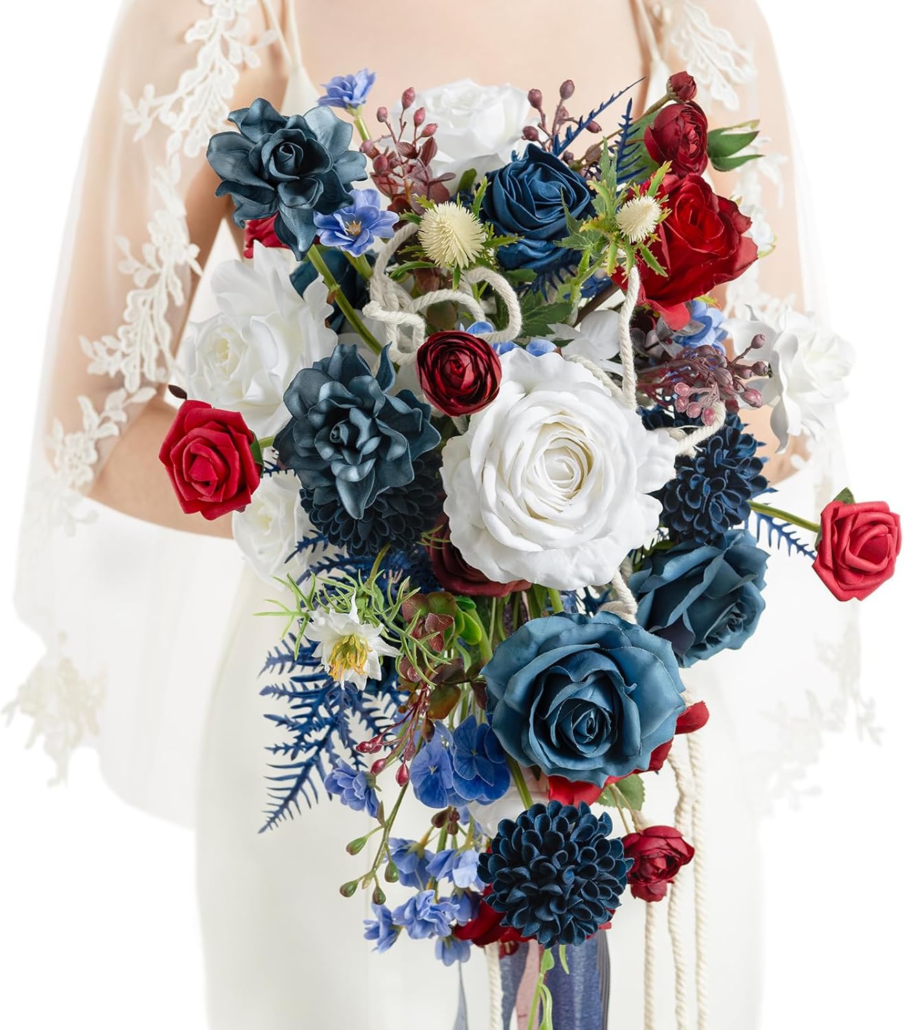 Ling's Moment Navy Blue Red Bridal Bouquet for Bride, 13 Inch Wedding Bouquets for Bride, Wedding Artificial Flowers Bouquets