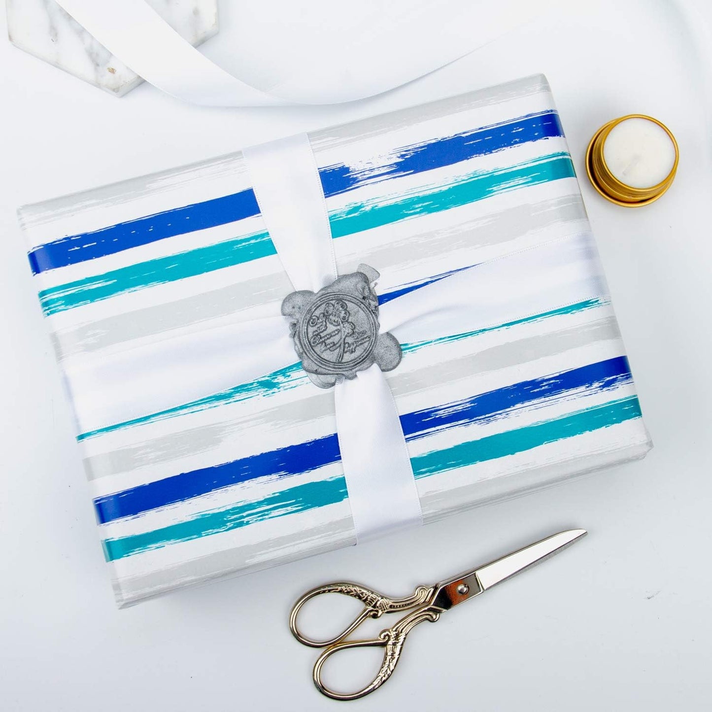 WRAPAHOLIC 30 Inch Reversible Wrapping Paper Roll - 30 Inch X 100 Feet Jumbo Roll Blue Navy and Grey Lines Print for Birthday, Holiday, Wedding, Baby Shower and More Occasions