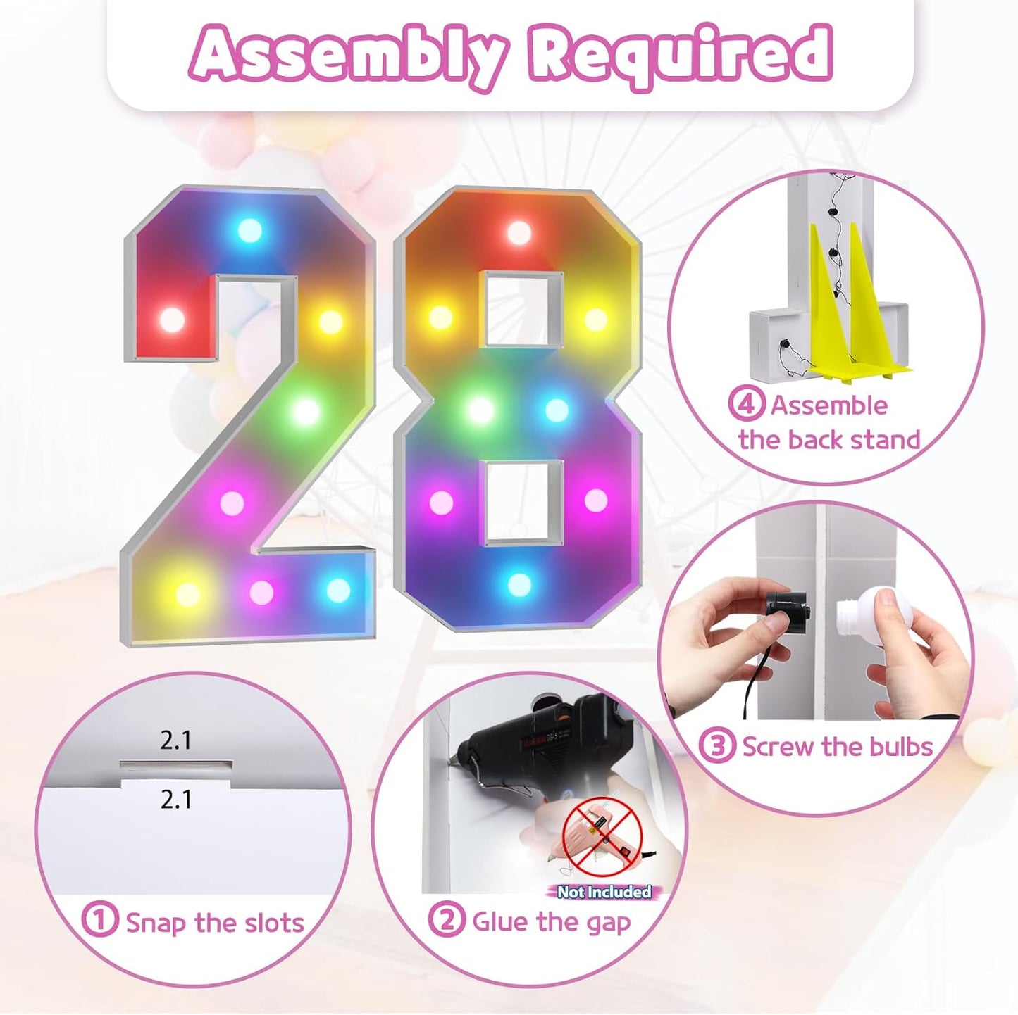 Marquee Numbers 28th-Birthday Decoration: Colorful 3FT Large Light Up 28 Year Old Birthday Decorations Anniversary Backdrop for Boys Girls Cardboard Sign 18 Colors Number 28 Mosaic Balloon Frame