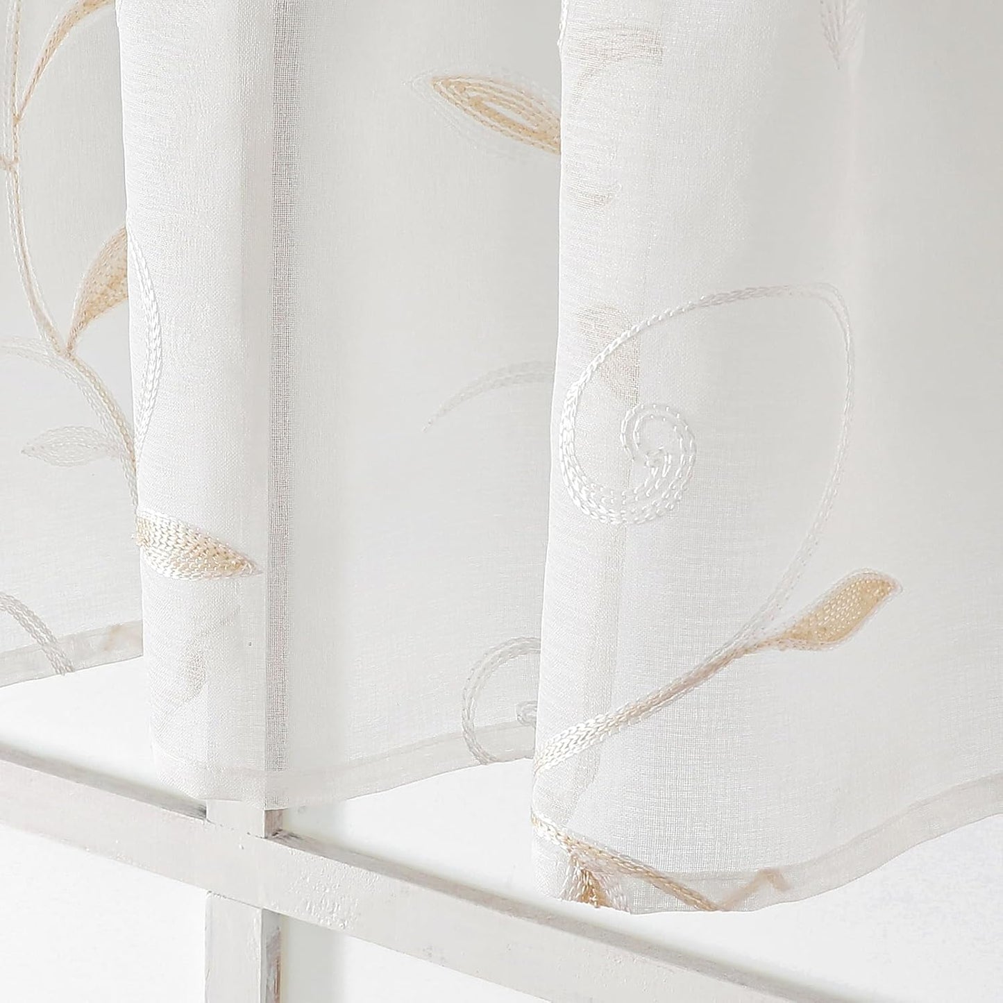 VISIONTEX White Sheer Voile Curtains, Decorative Leaves Embroidery Faux Linen Rod Pocket Window Drapes for Home Kitchen, Living Room and Bedroom 26 x 36 Inch, Set of 2 Curtain Panels