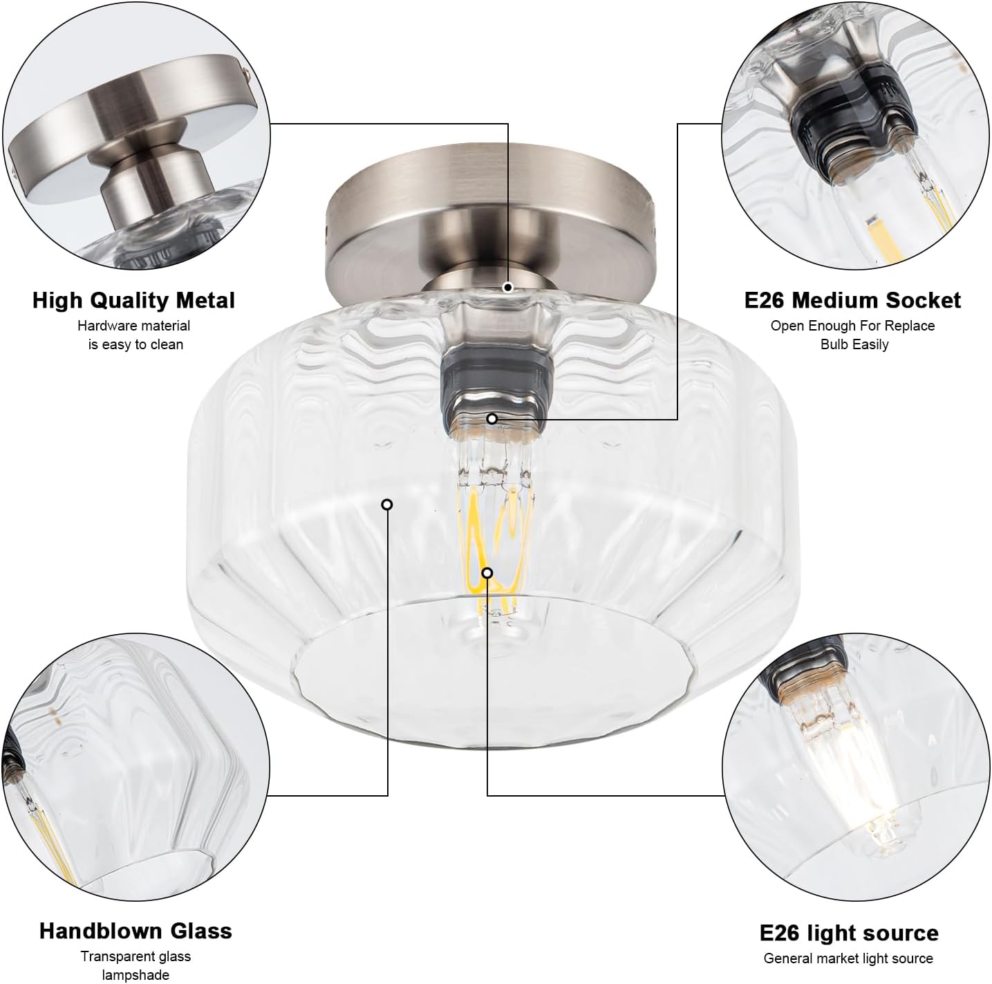 Brushed Nickel Semi Flush Mount Ceiling Light Fixture with Textured Glass & Included 1200 Lumens LED Bulbs, Modern Hallway & Bathroom Light for Entryway, Kitchen, Laundry Room