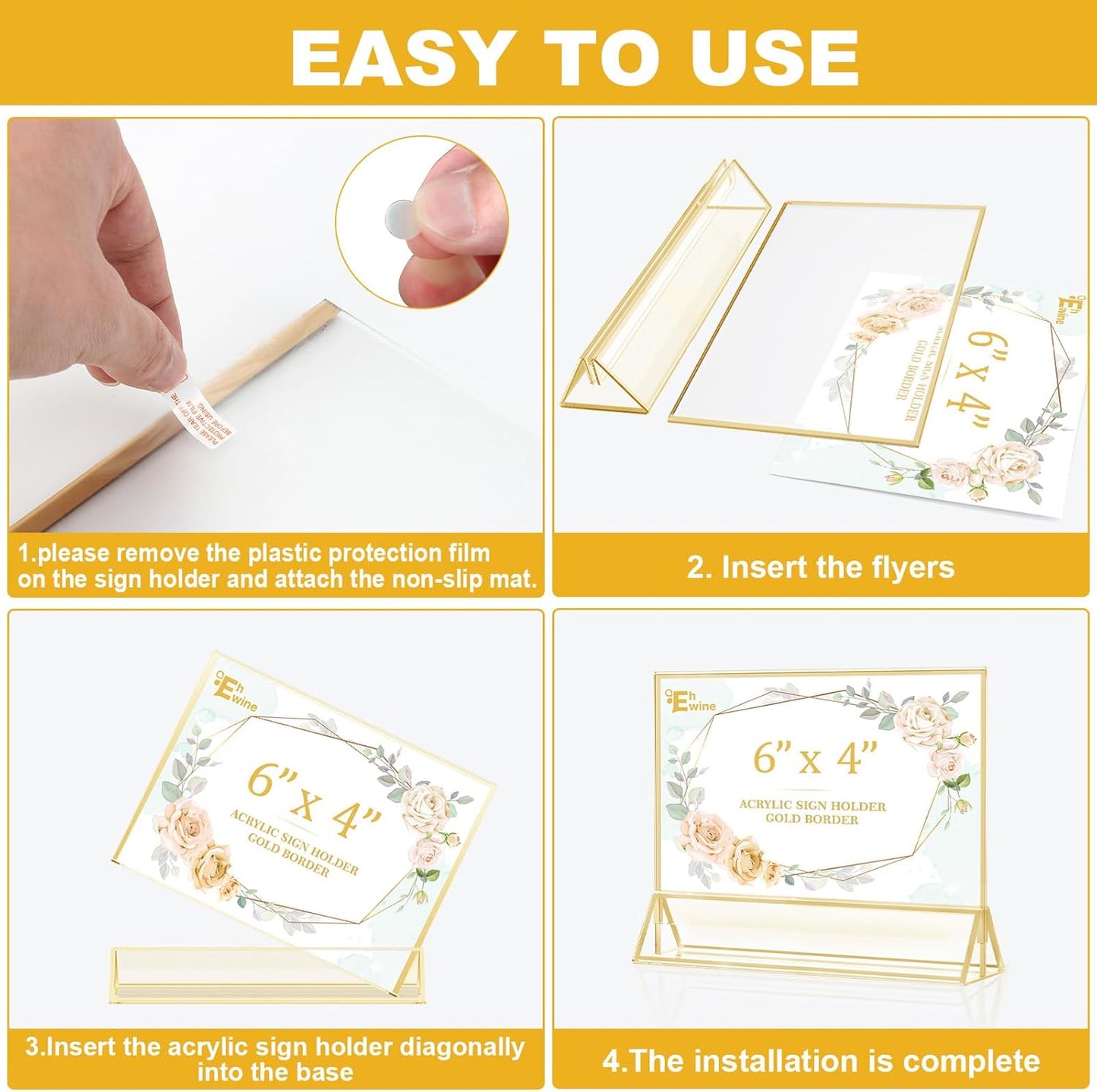 EHWINE 12 Pack Acrylic Sign Holder 4 x 6 Horizontal, Double-Sided Stand up Table Top Sign Holders, Gold Acrylic Picture Frame Menu Flyer Paper Holder Display Stand for Office Business Store Wedding Party