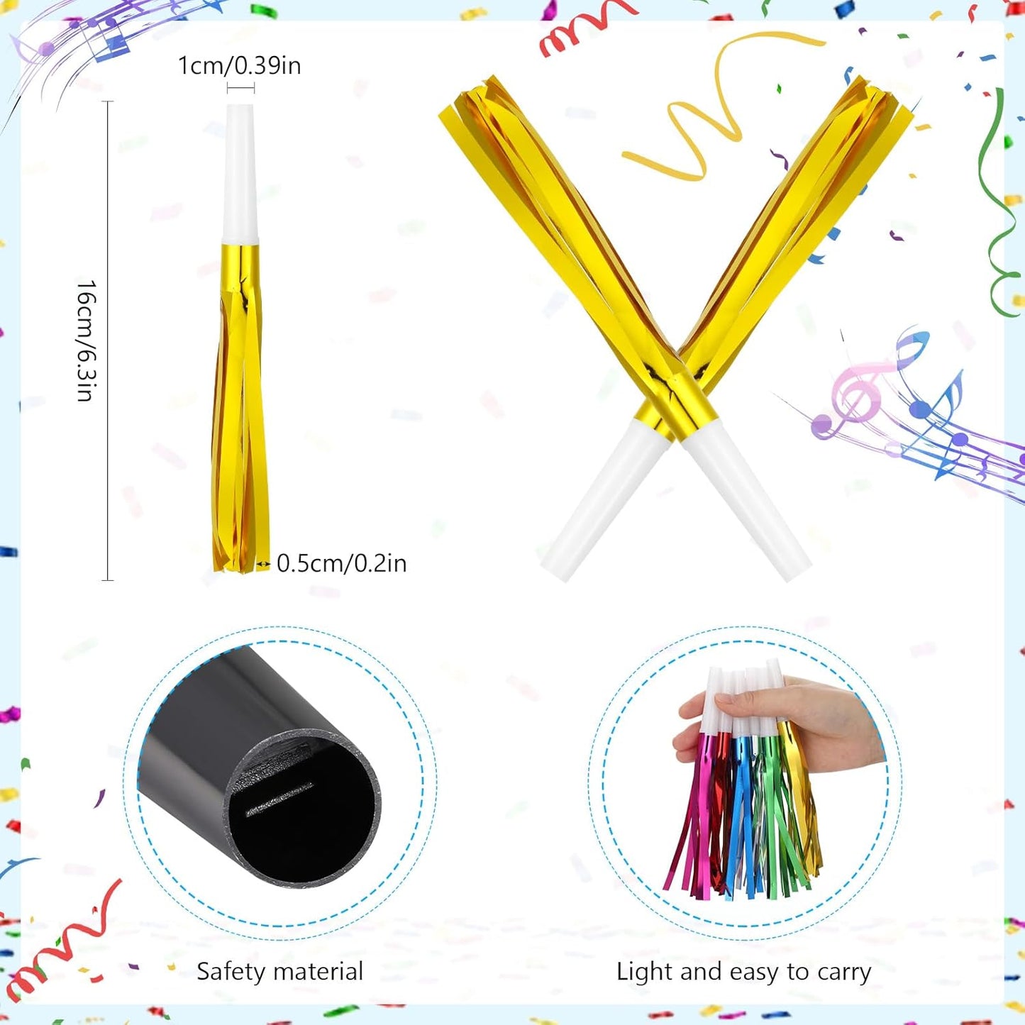 Metallic Fringed Noise Makers, 24 Pcs, Gold White, Silver White, for Noise Makers Party Favors, Baby Shower, Kids Birthday, New Year Party