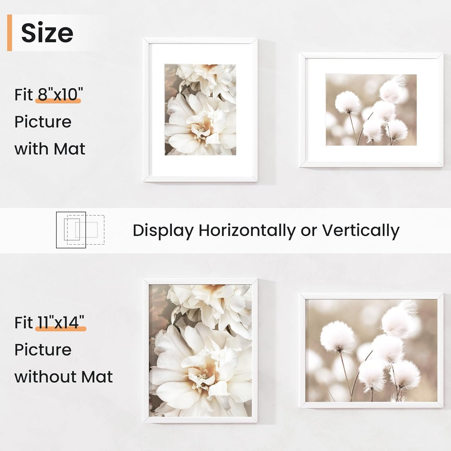 11x14 inch Picture Frame, 11x14 Photo Frames with 8x10 Removable Mat - High Definition Plexiglass - Vertical and Horizontal Display - Wall Hanging Frame - White, 5 Pack