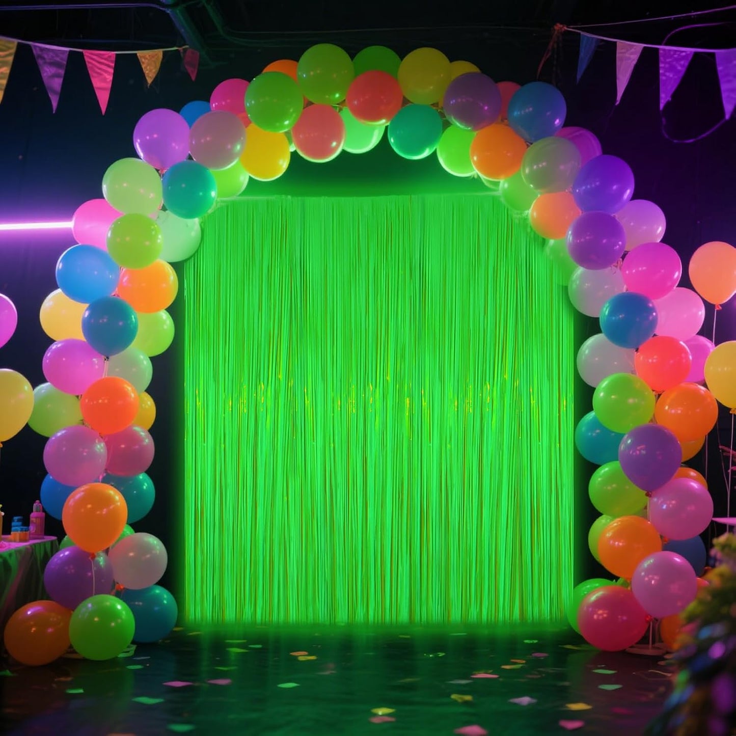 Glow in The Dark Party Supplies, 4 Packs Neon Party Decorations, Macaron Green Blacklight Reactive Fluorescent Tinsel Foil Fringe Curtains, Luminous Backdrop Streamers for Birthday, Photo Booth Prop