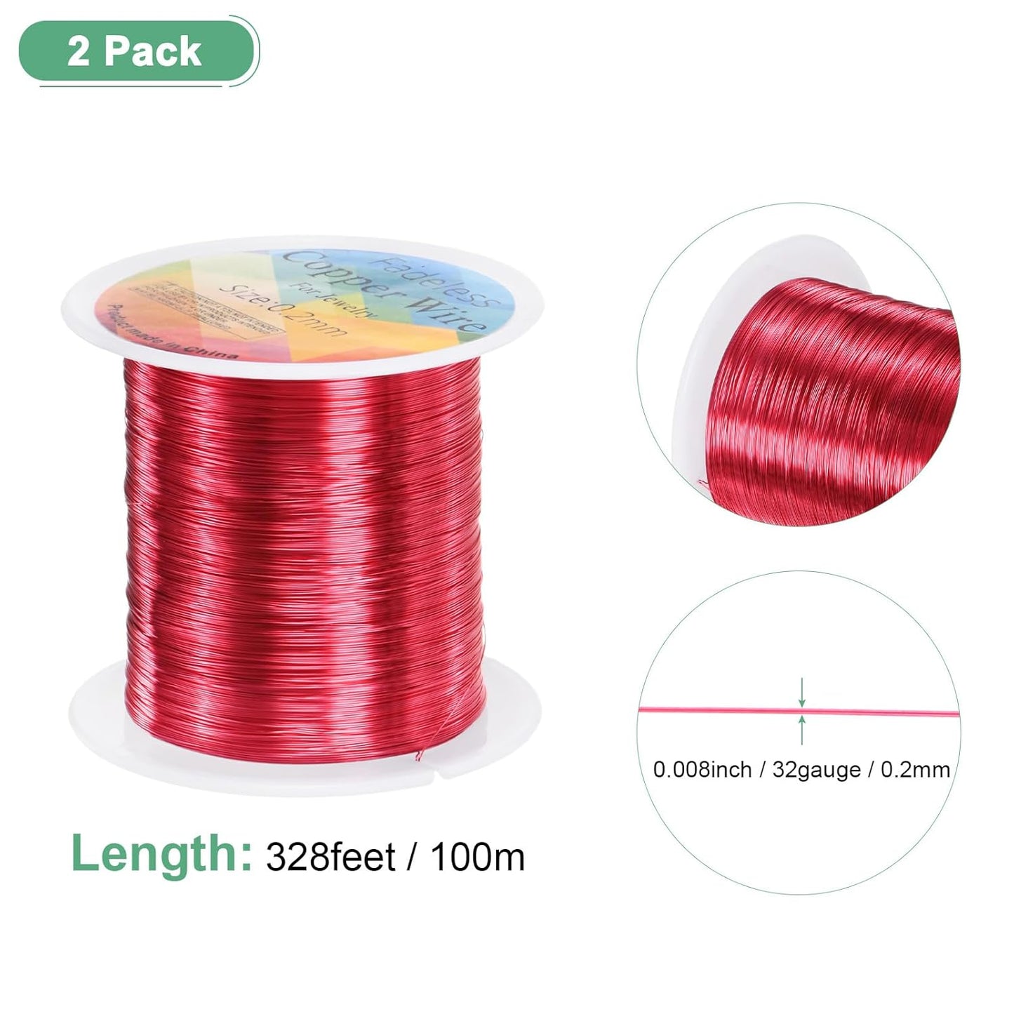 2-Rolls 0.2mm Jewelry Wire, 32 Gauge 328FT Craft Wire Copper Beading Wire for Jewelry Making/Planting/Weaving/DIY Crafting, Soft Metal Wires [100M, Red]