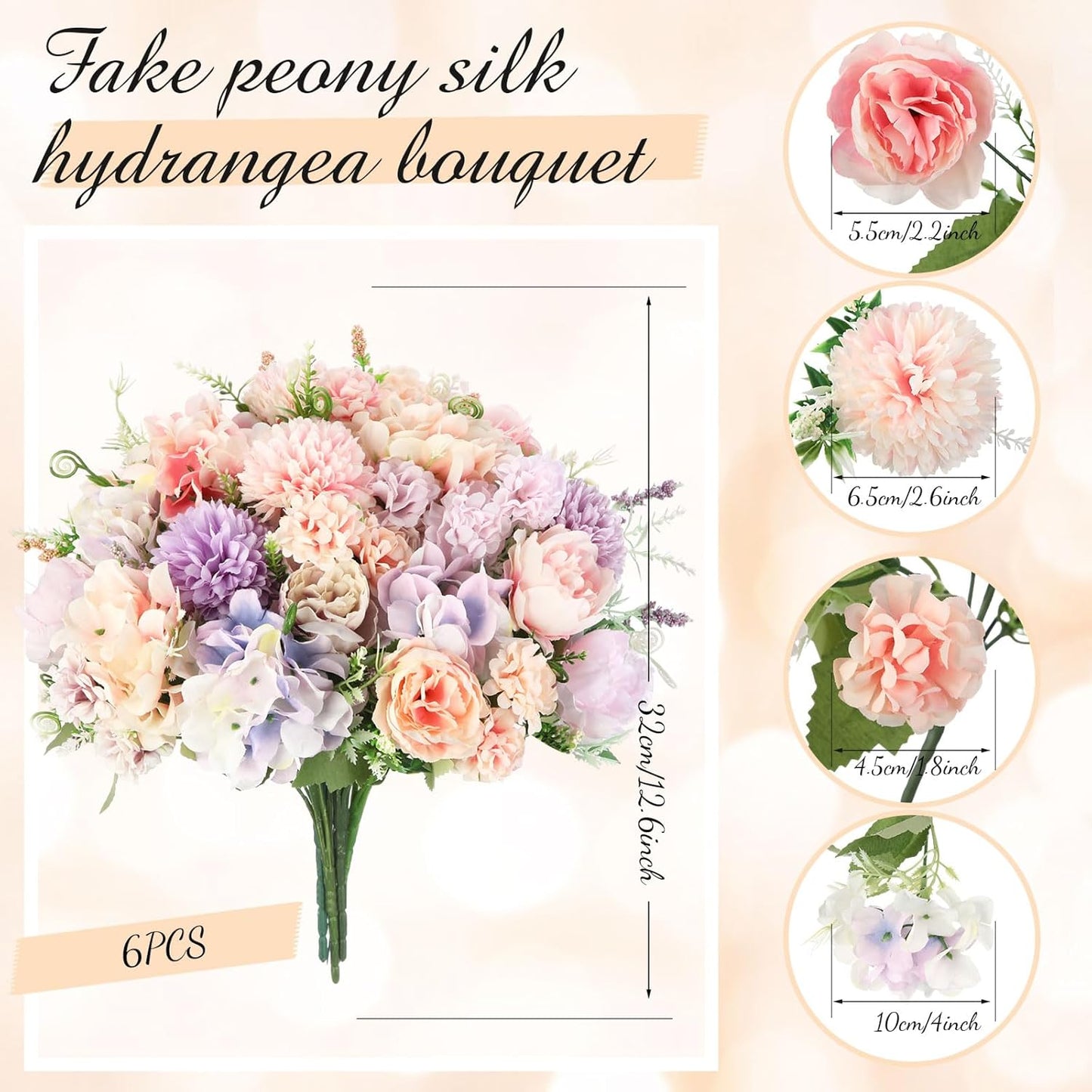 Tigeen Artificial Flowers Artificial Peonies Silk Flowers Faux Peony Fake Peony Silk Hydrangea Bouquet for Wedding Table Centerpiece Floral Vase Decor(Purple,Pink,6 Bundles)