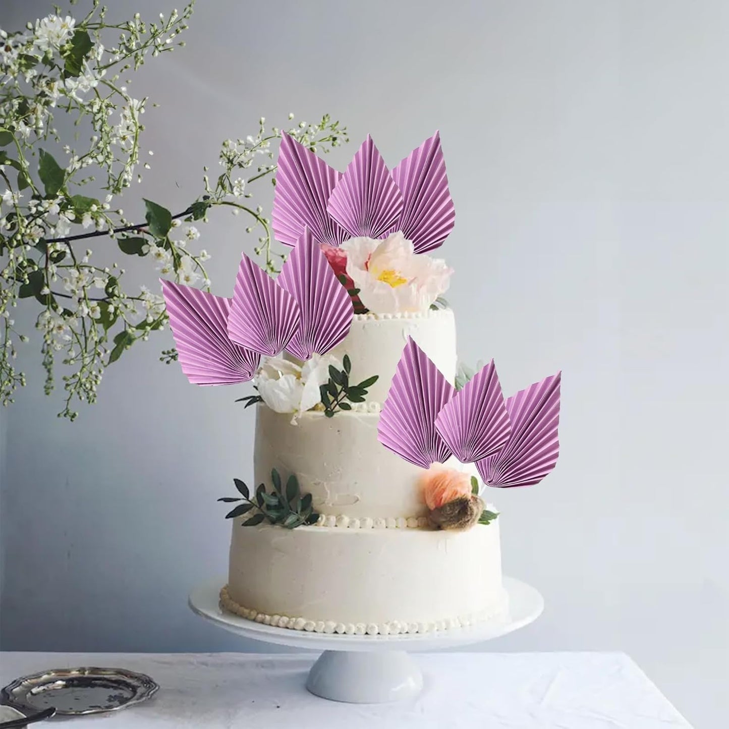 Ephlyn 6Pcs Paper Palm Fan Cake Topper Palm Spear Leaves Fan Cake Pick for DIY Craft Project Home Made Wedding Bridal Shower Birthday Anniversary Party Cake Decorations Purple