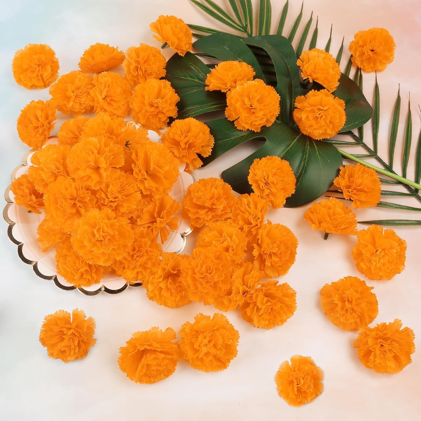30 Pcs Artificial Marigold Flowers,2" Silk Marigold Flower Heads with Stems,Orange Flowers Artificial for Diwali Decor,Indian Wedding,Home,DIY Wreath Garland,Day of The Dead Decorations