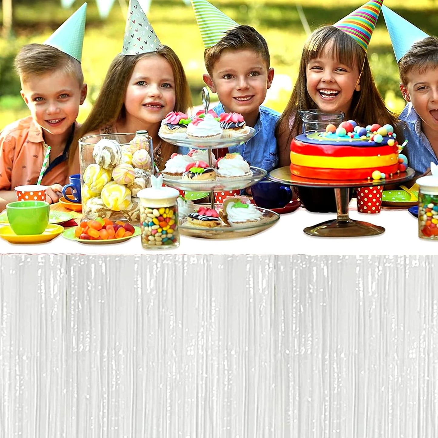 4 Pack 29x108 Inch Metallic Foil Fringe Tinsel Table Skirts for Rectangle Tables Streamer Curtains Backdrop for Wedding, Birthday, Parade Floats, Christmas, Halloween Party Decoration(White)